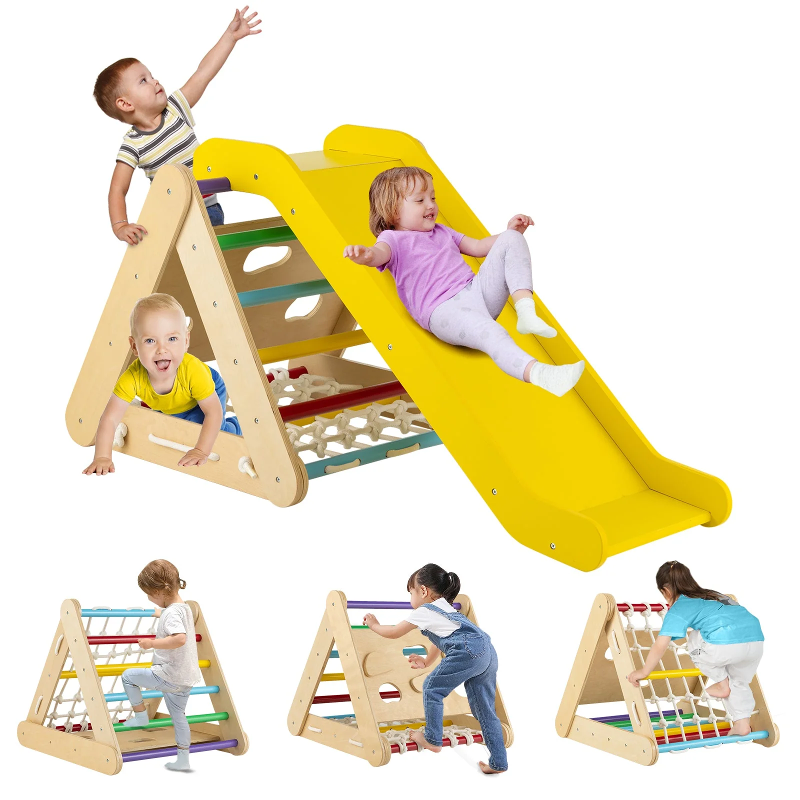 4 in 1 Triangle Climber Toy with Sliding Board and Climbing Net-Multicolor - Image 4