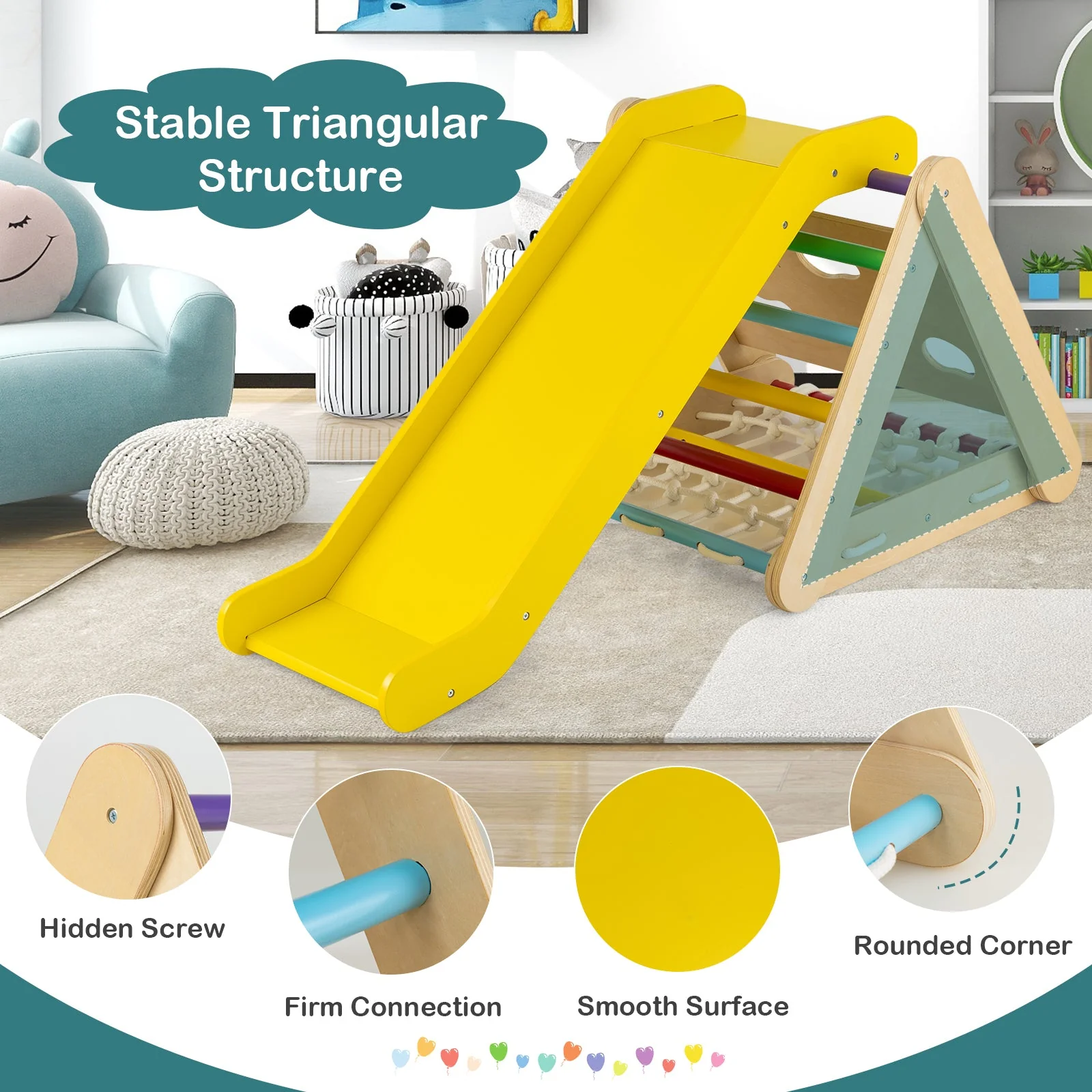 4 in 1 Triangle Climber Toy with Sliding Board and Climbing Net-Multicolor - Image 6