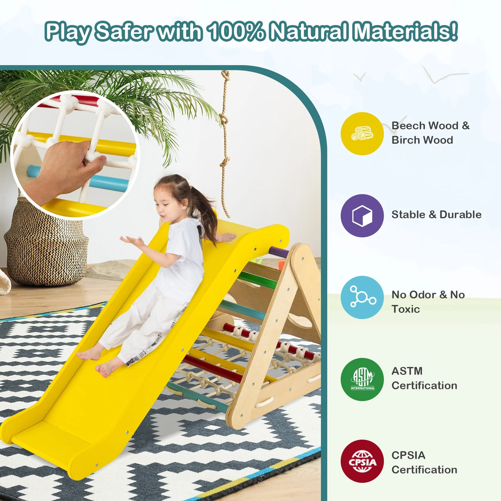 4 in 1 Triangle Climber Toy with Sliding Board and Climbing Net-Multicolor - Image 7