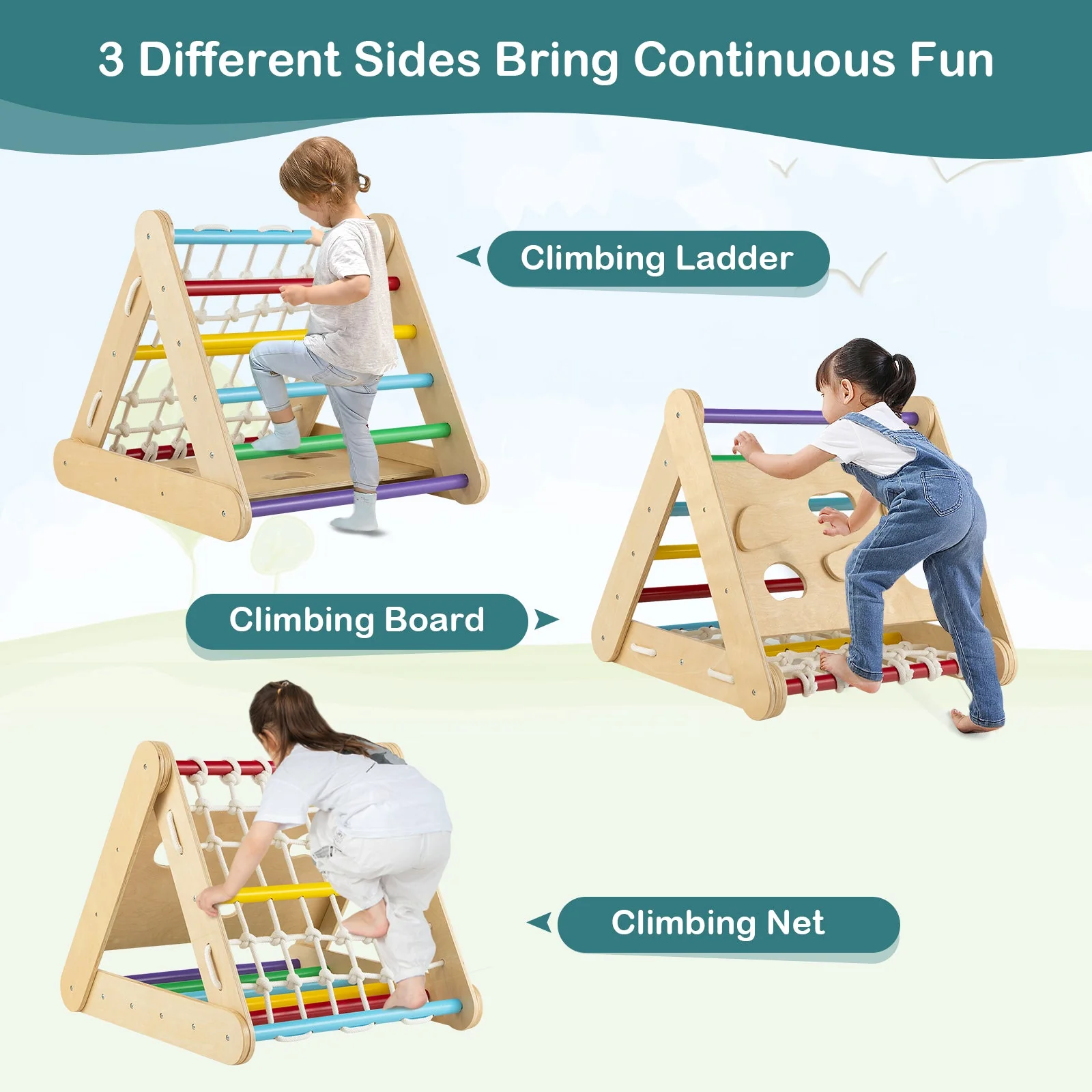 4 in 1 Triangle Climber Toy with Sliding Board and Climbing Net-Multicolor - Image 8