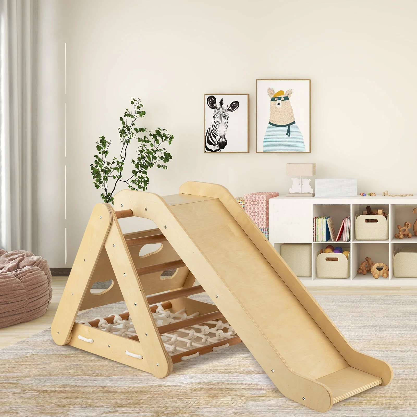 4 in 1 Triangle Climber Toy with Sliding Board and Climbing Net-Natural - Image 2