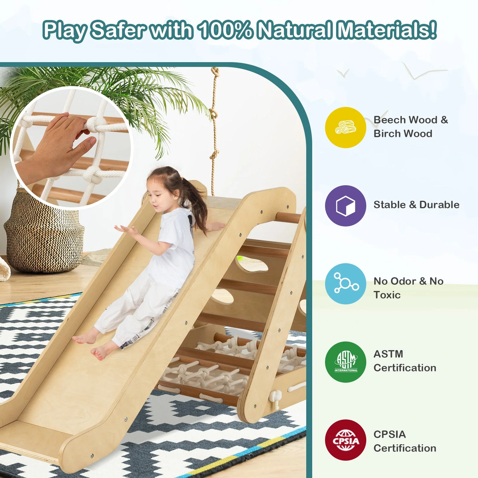 4 in 1 Triangle Climber Toy with Sliding Board and Climbing Net-Natural - Image 3