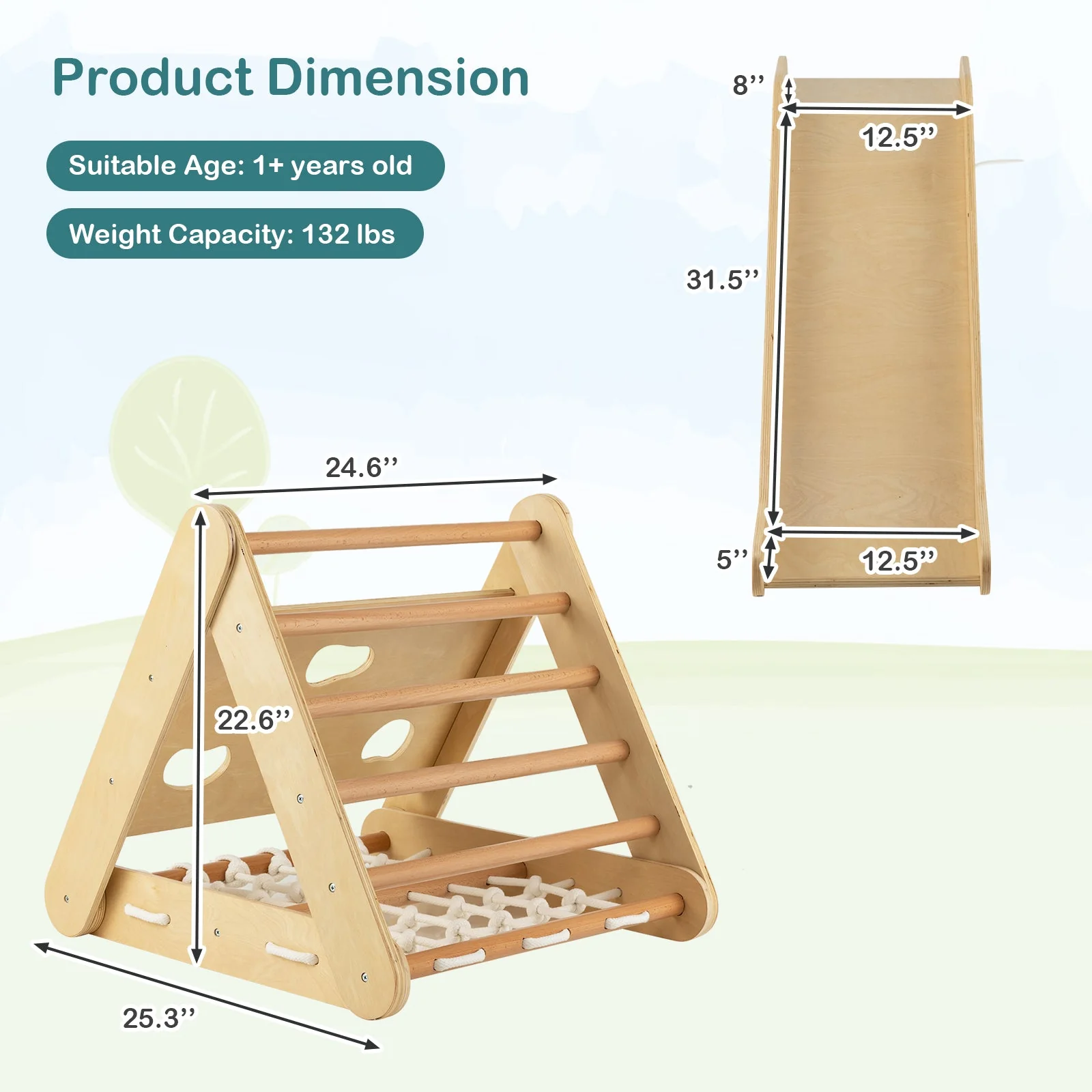 4 in 1 Triangle Climber Toy with Sliding Board and Climbing Net-Natural - Image 4