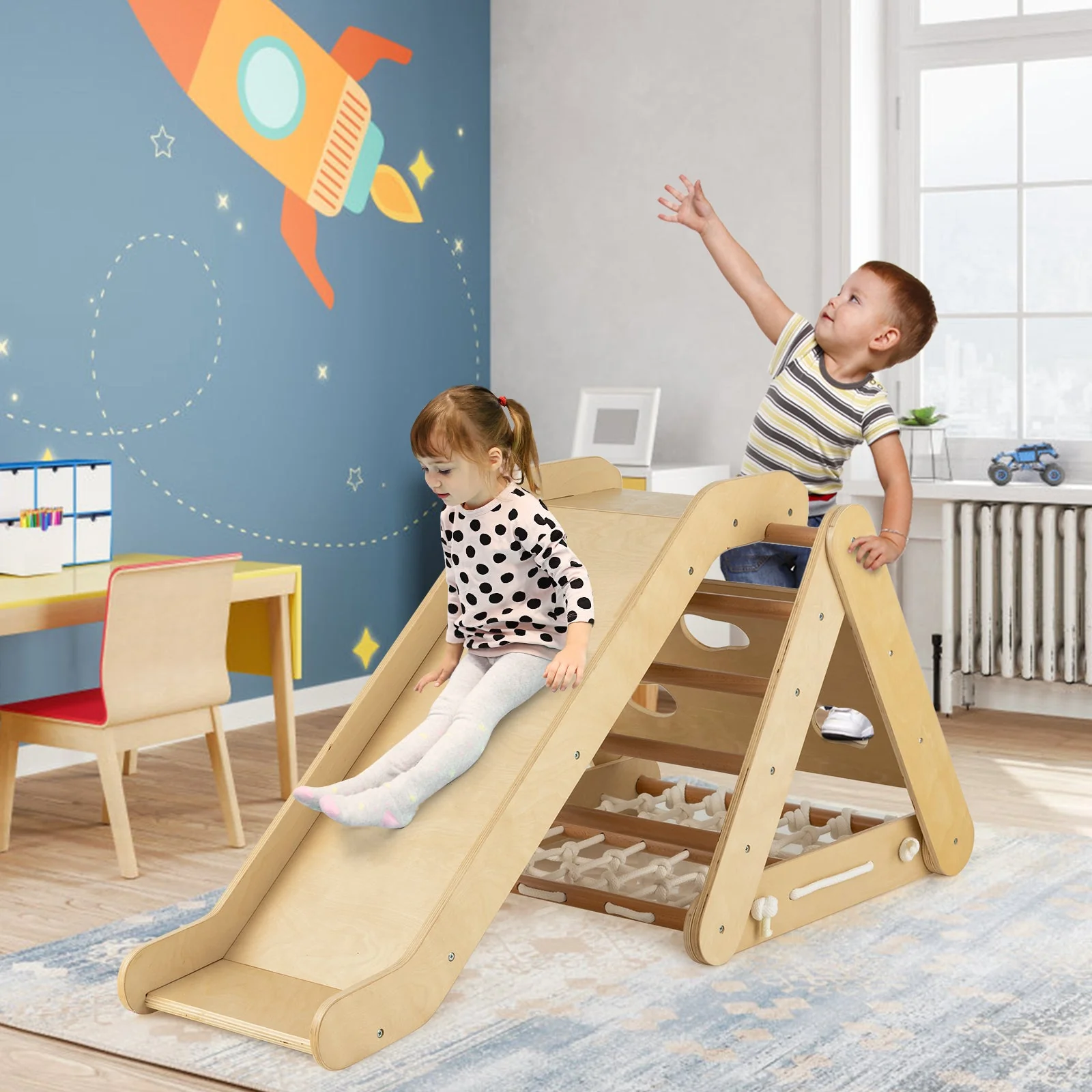 4 in 1 Triangle Climber Toy with Sliding Board and Climbing Net-Natural - Image 6