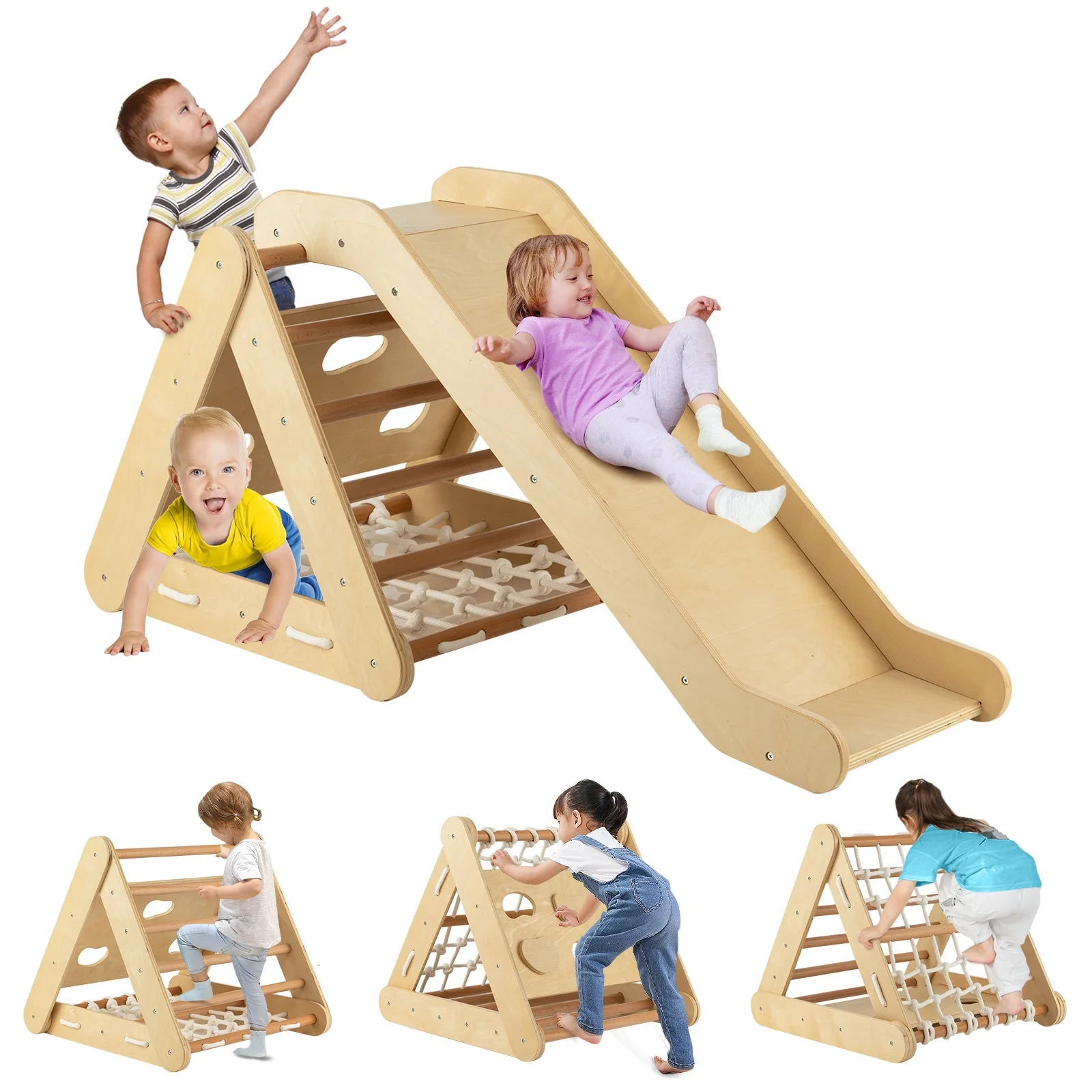 4 in 1 Triangle Climber Toy with Sliding Board and Climbing Net-Natural - Image 7