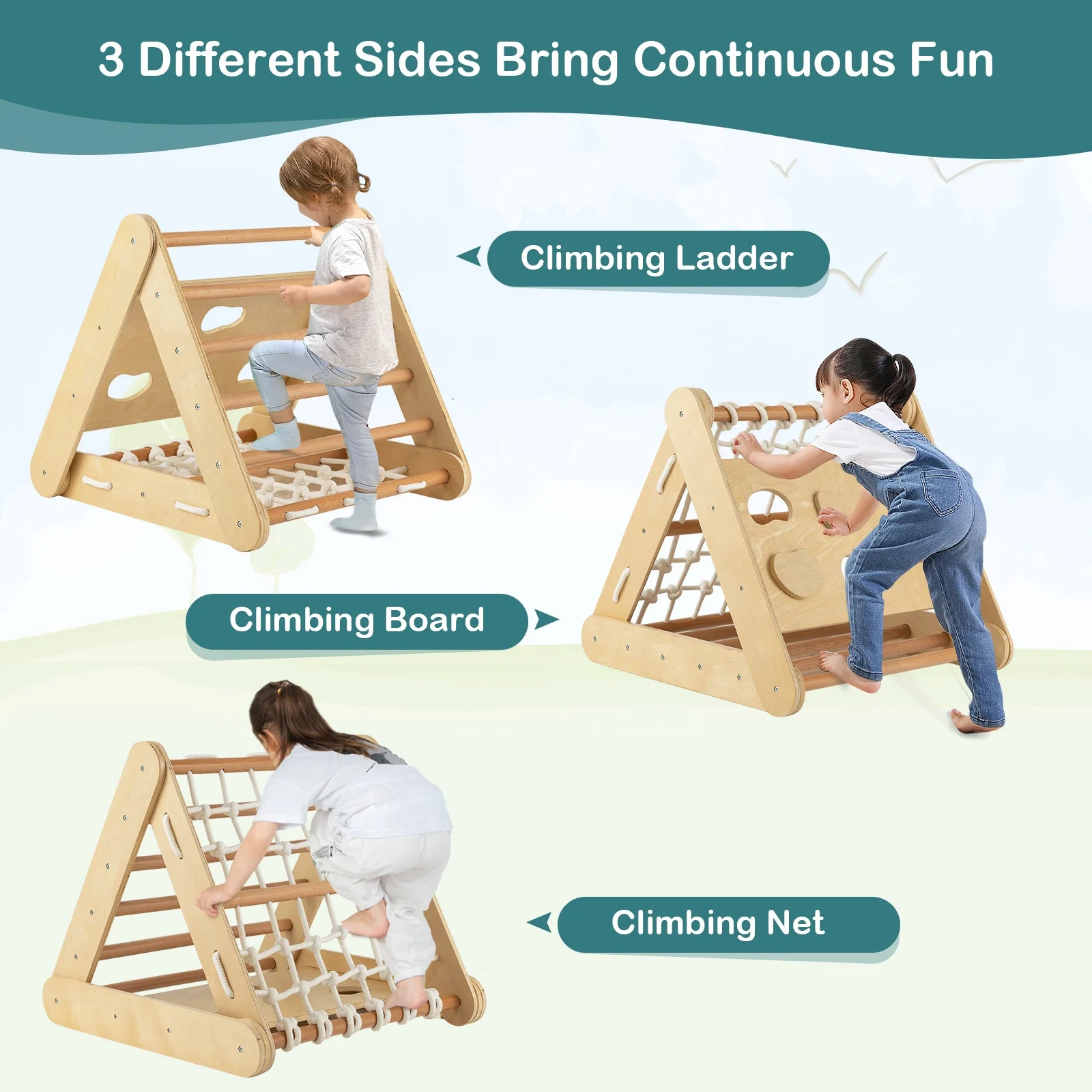 4 in 1 Triangle Climber Toy with Sliding Board and Climbing Net-Natural - Image 8