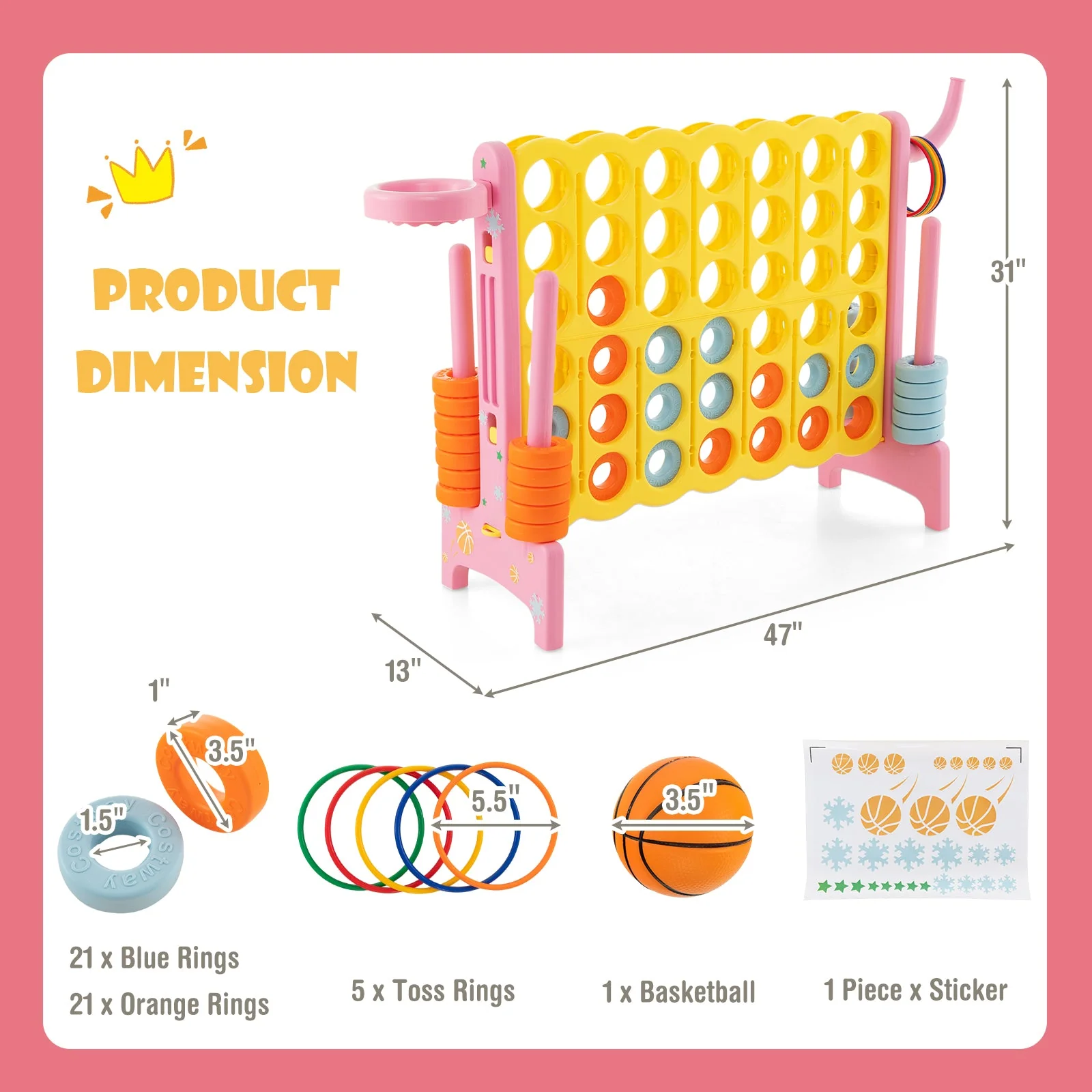 4-in-a-Row Connect Game with Basketball Hoop and Toss Ring-Pink - Image 3
