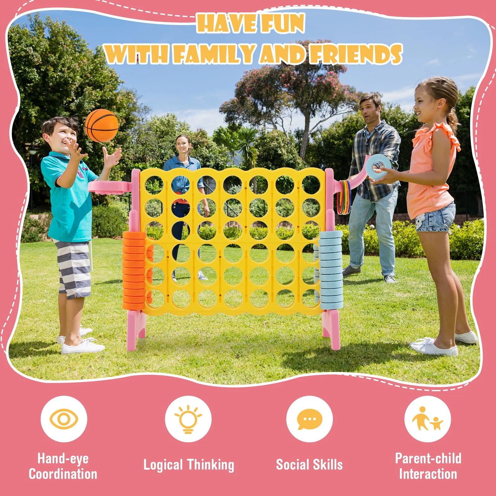 4-in-a-Row Connect Game with Basketball Hoop and Toss Ring-Pink - Image 5