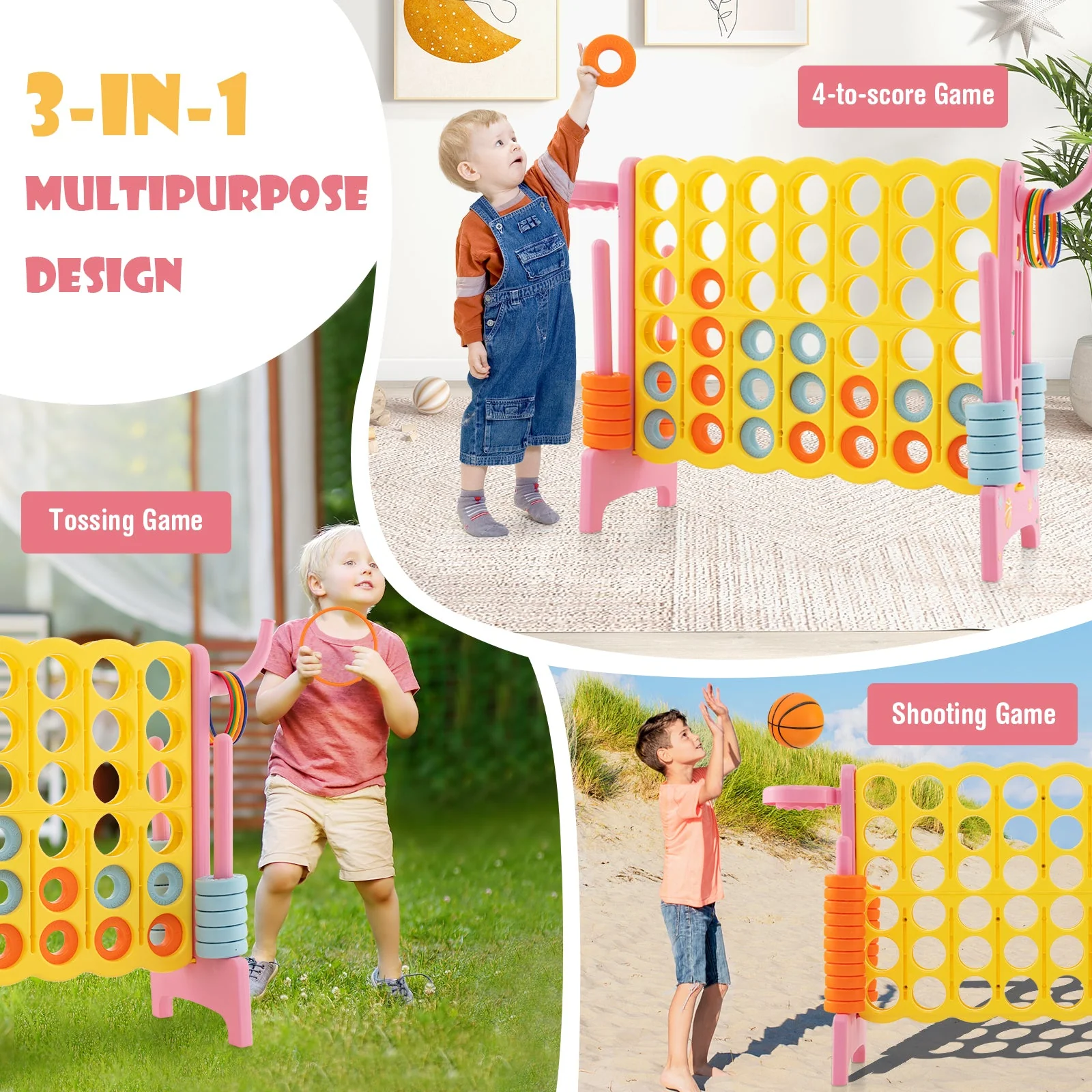 4-in-a-Row Connect Game with Basketball Hoop and Toss Ring-Pink - Image 6