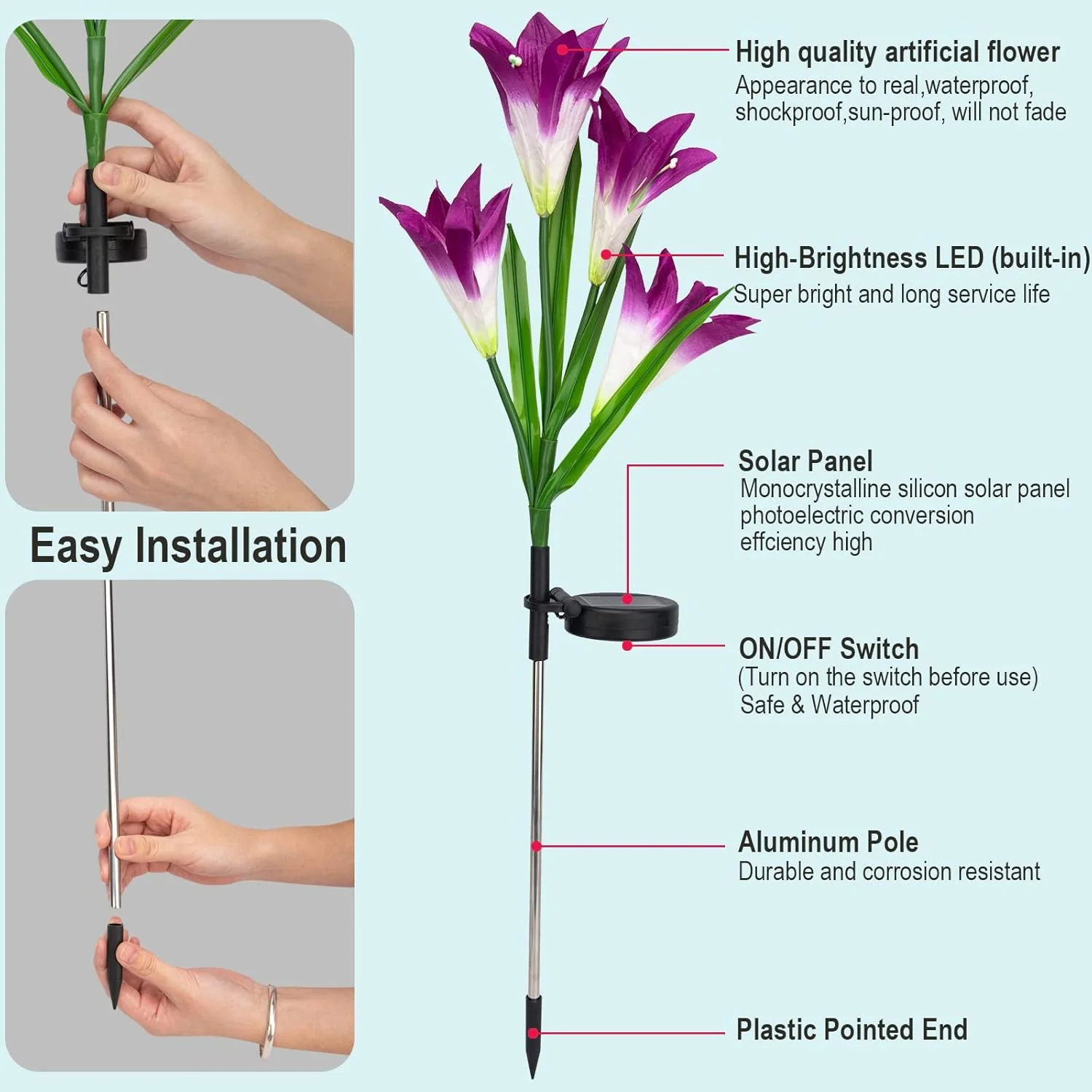 4-Pack Solar Powered Garden Flowers with Lights - Waterproof, Easy Install, No Wiring Needed - Image 3