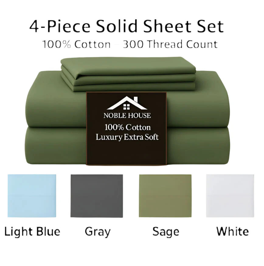4-Piece 100% Cotton Solid Sheet Set – 300 Thread Count, Luxury Extra Soft - Image 5