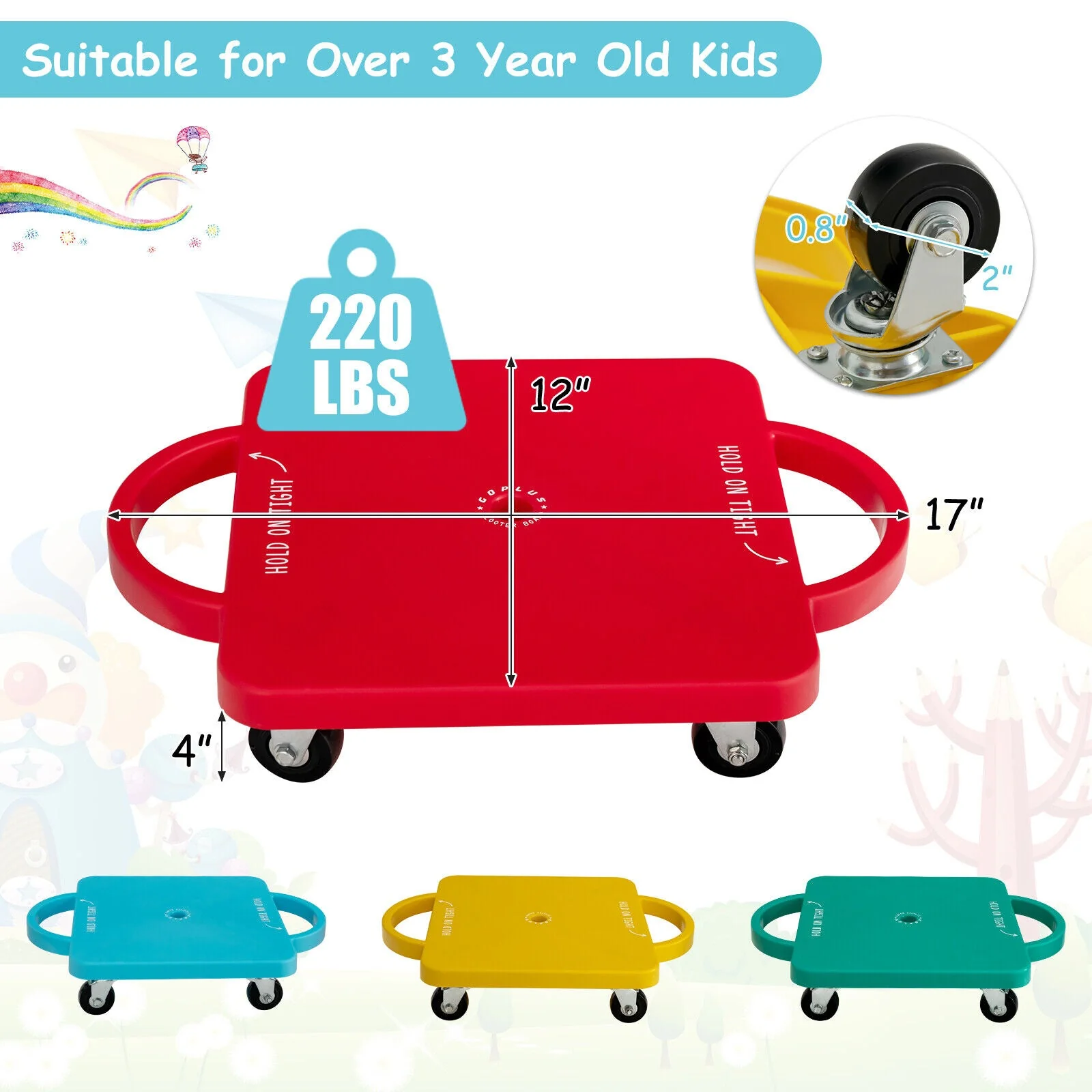 4 Pieces Kids Sitting Scooter Set with Non-marring Universal Casters-Multicolor - Image 4
