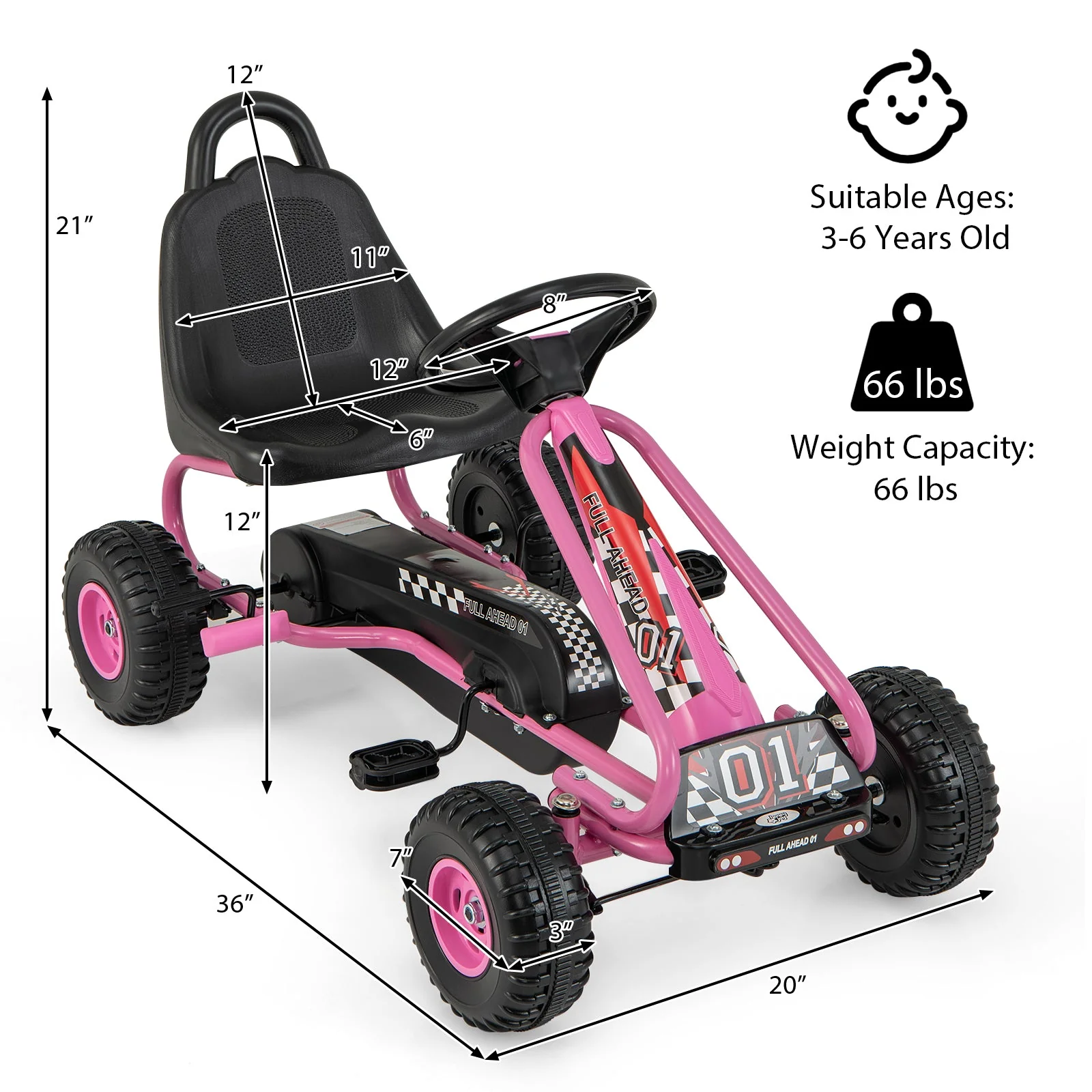4 Wheel Pedal Powered Ride On Car with Adjustable Seat-Pink - Image 5