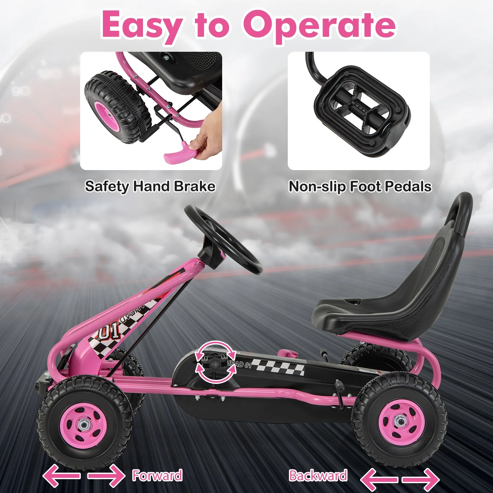 4 Wheel Pedal Powered Ride On Car with Adjustable Seat-Pink - Image 7