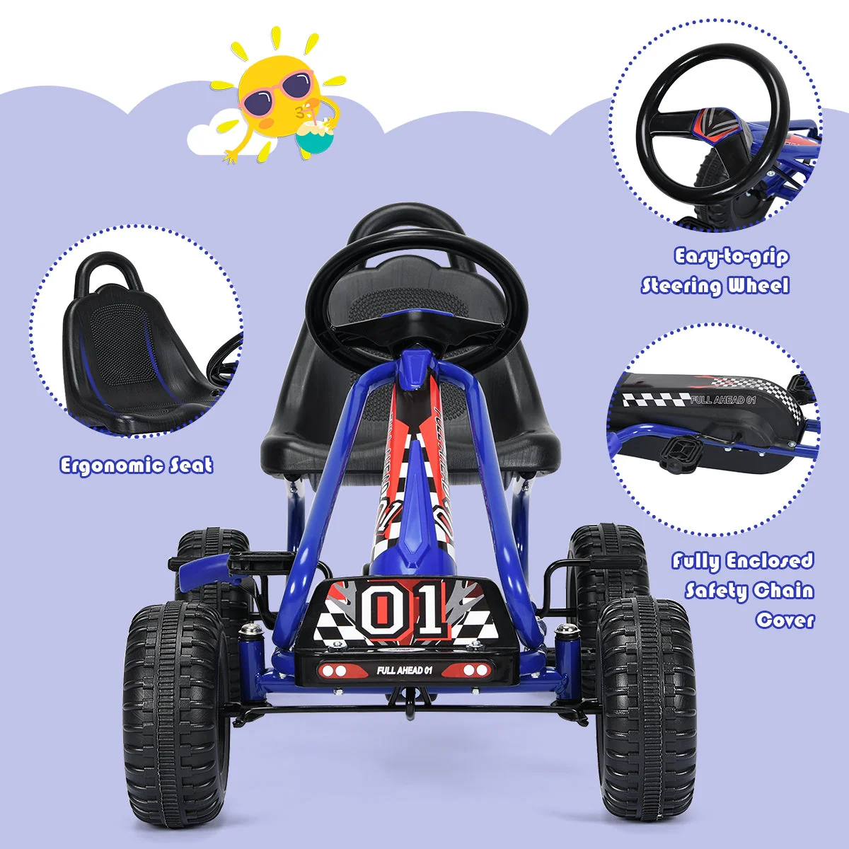 4 Wheel Pedal Powered Ride On with Adjustable Seat-Blue - Image 2