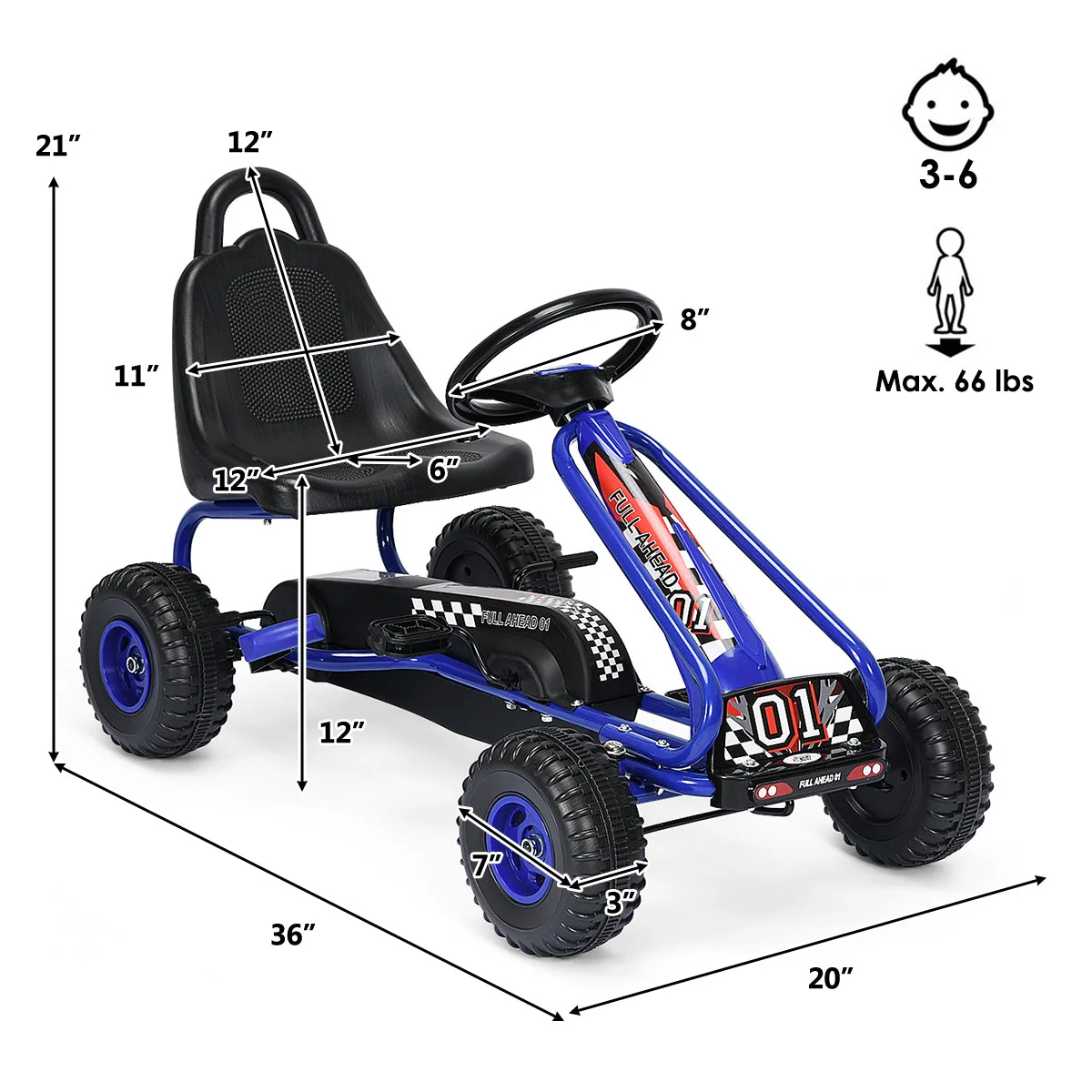 4 Wheel Pedal Powered Ride On with Adjustable Seat-Blue - Image 4