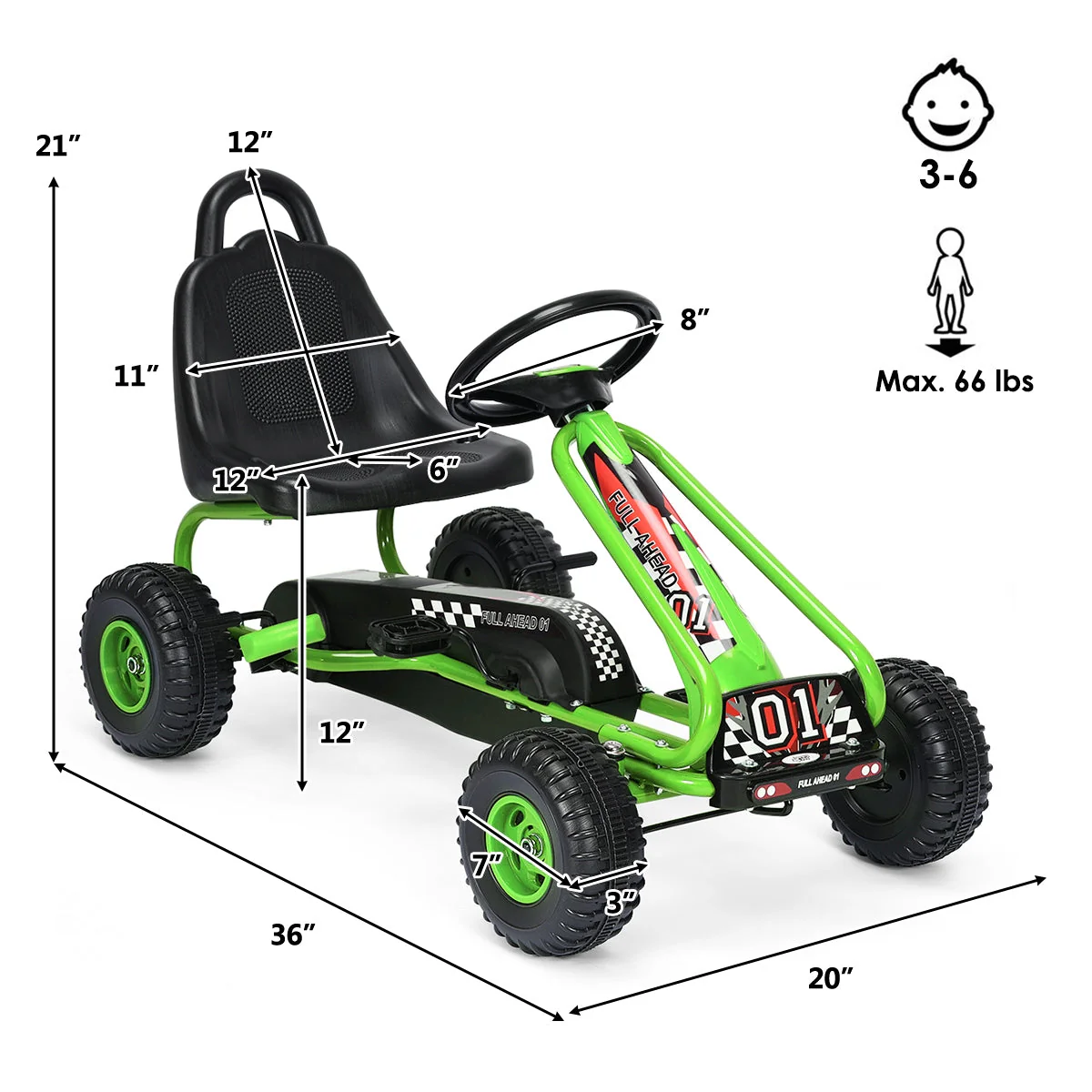 4 Wheel Pedal Powered Ride On with Adjustable Seat-Green - Image 4