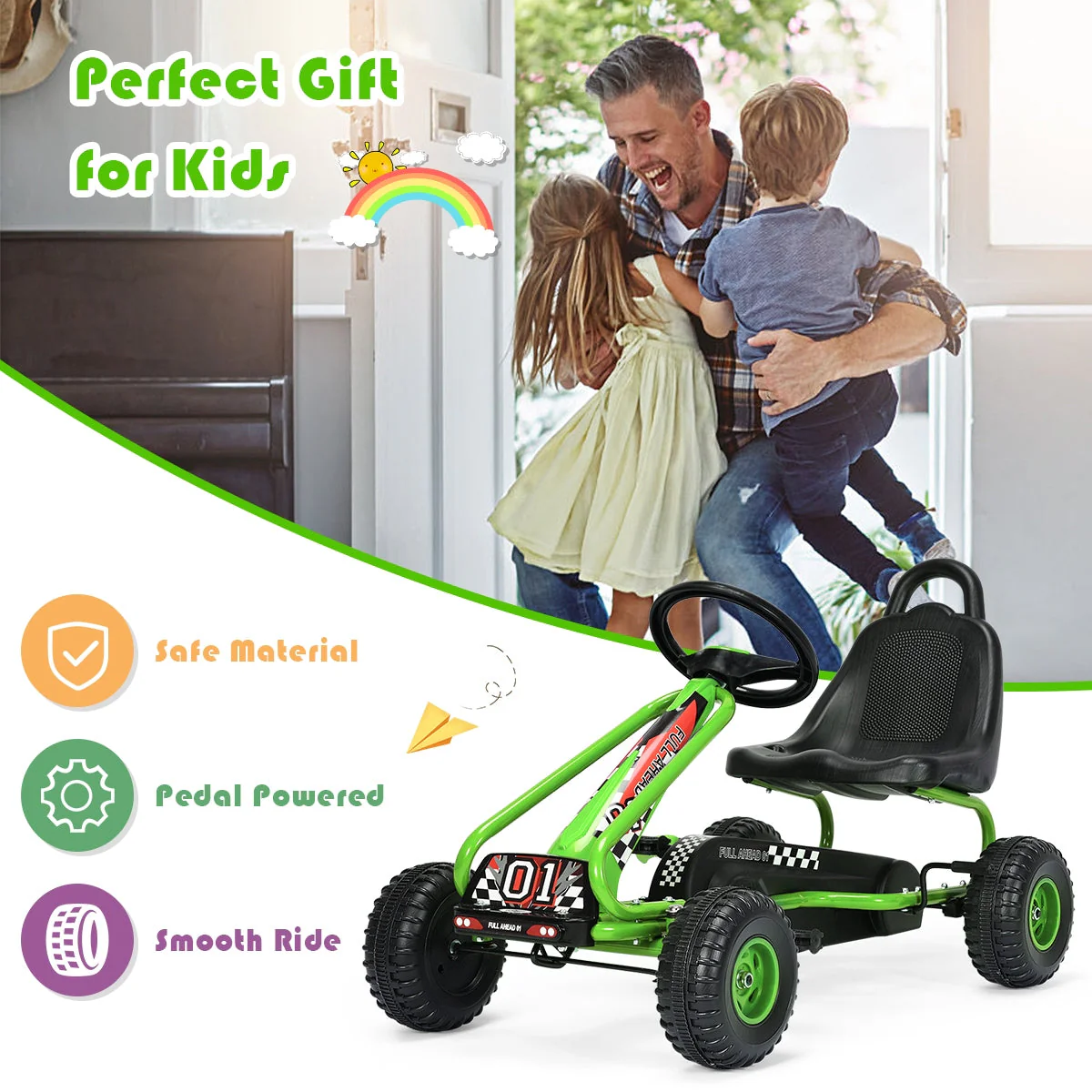 4 Wheel Pedal Powered Ride On with Adjustable Seat-Green - Image 6