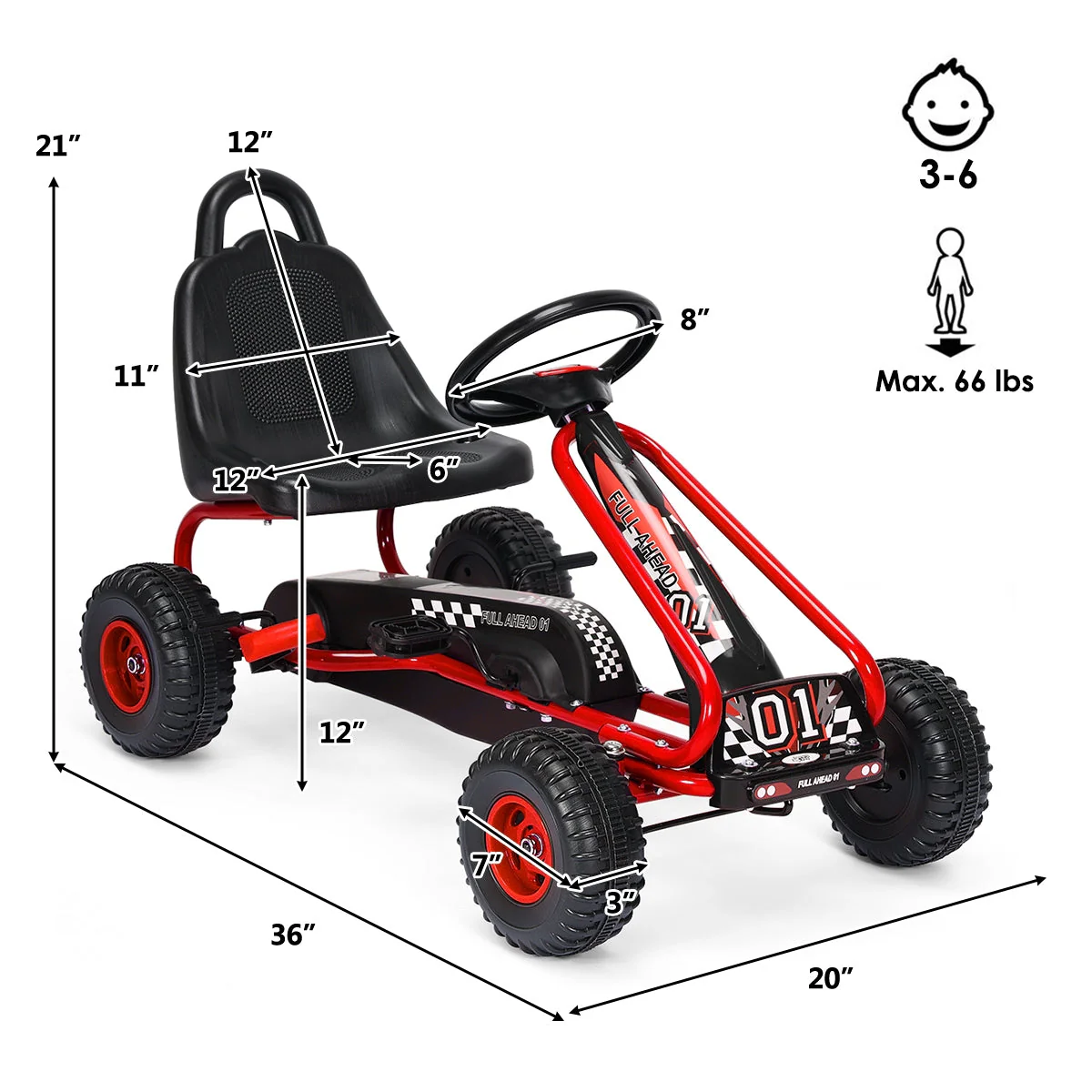 4 Wheel Pedal Powered Ride On with Adjustable Seat-Red - Image 4
