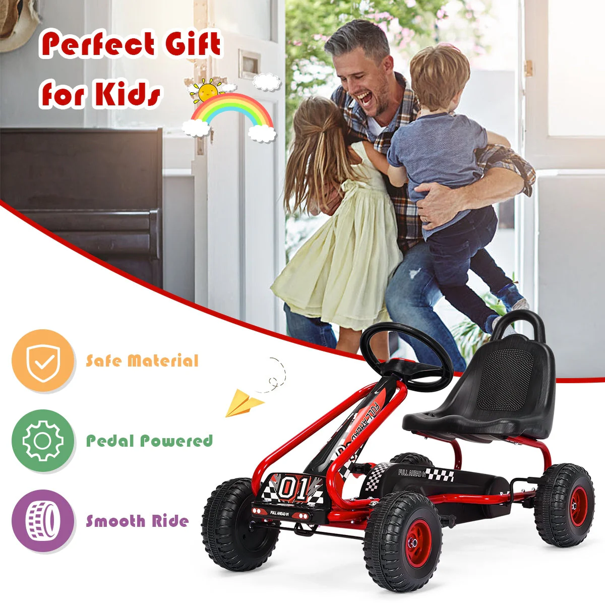 4 Wheel Pedal Powered Ride On with Adjustable Seat-Red - Image 6