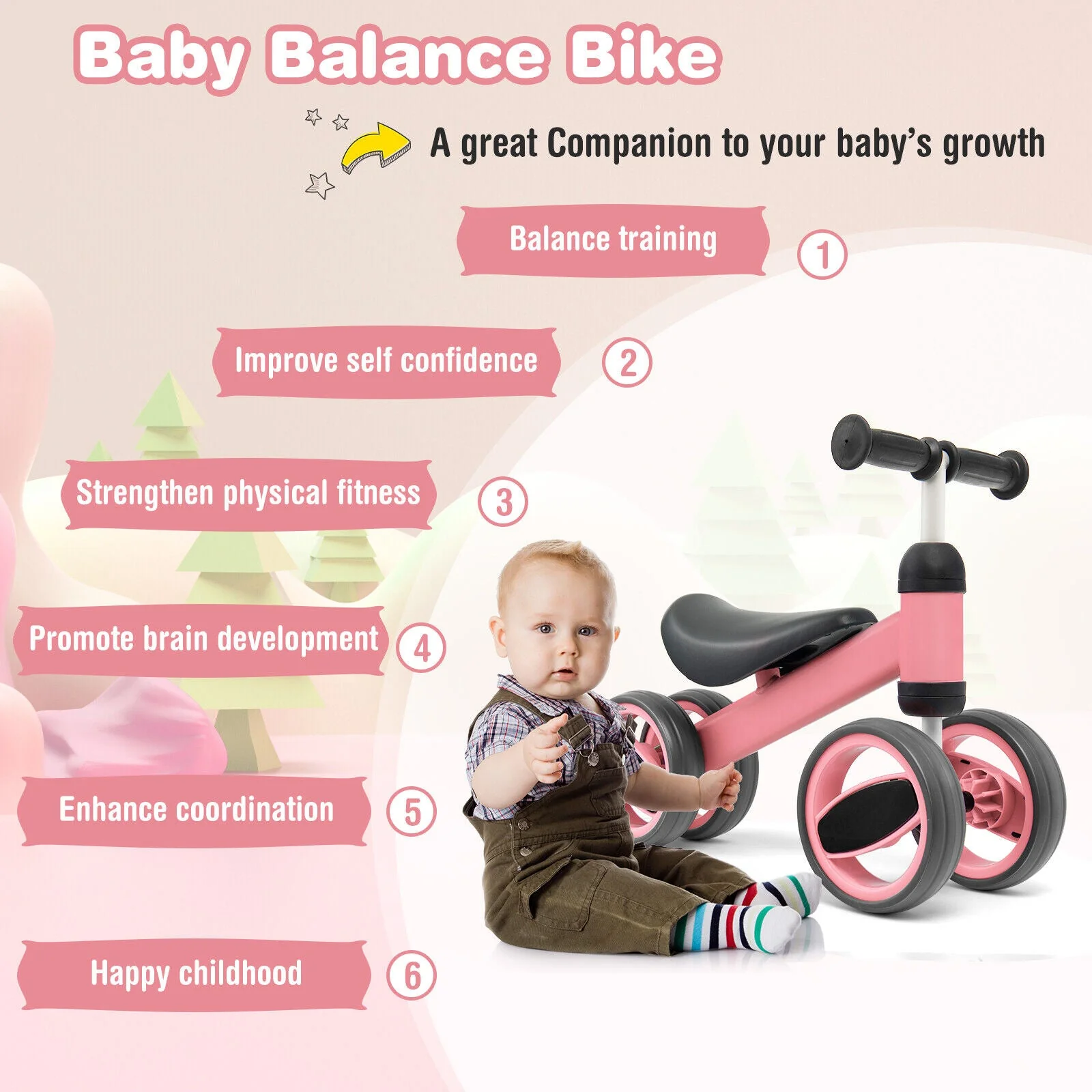 4 Wheels Baby Balance Bike Toy-Pink - Image 2