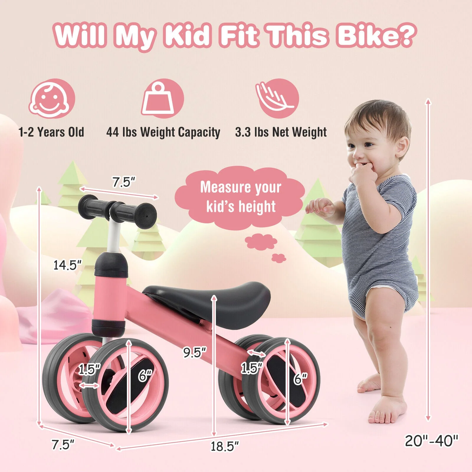 4 Wheels Baby Balance Bike Toy-Pink - Image 4