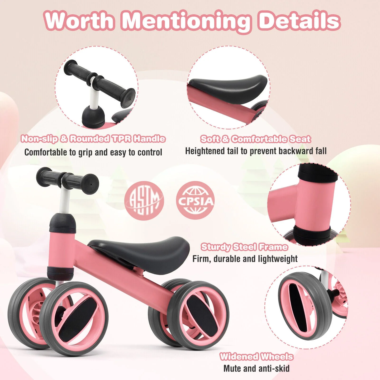 4 Wheels Baby Balance Bike Toy-Pink - Image 8