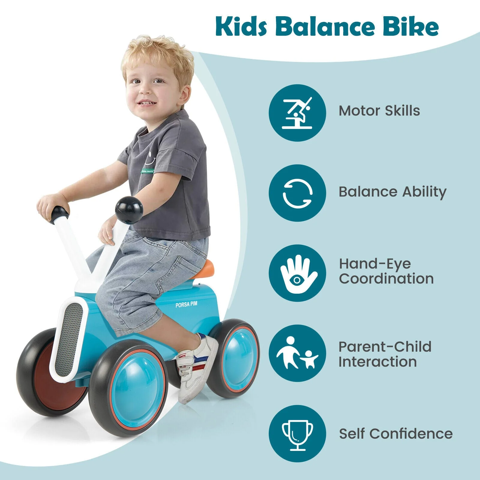 4 Wheels Baby Balance Bike without Pedal-Blue - Image 3
