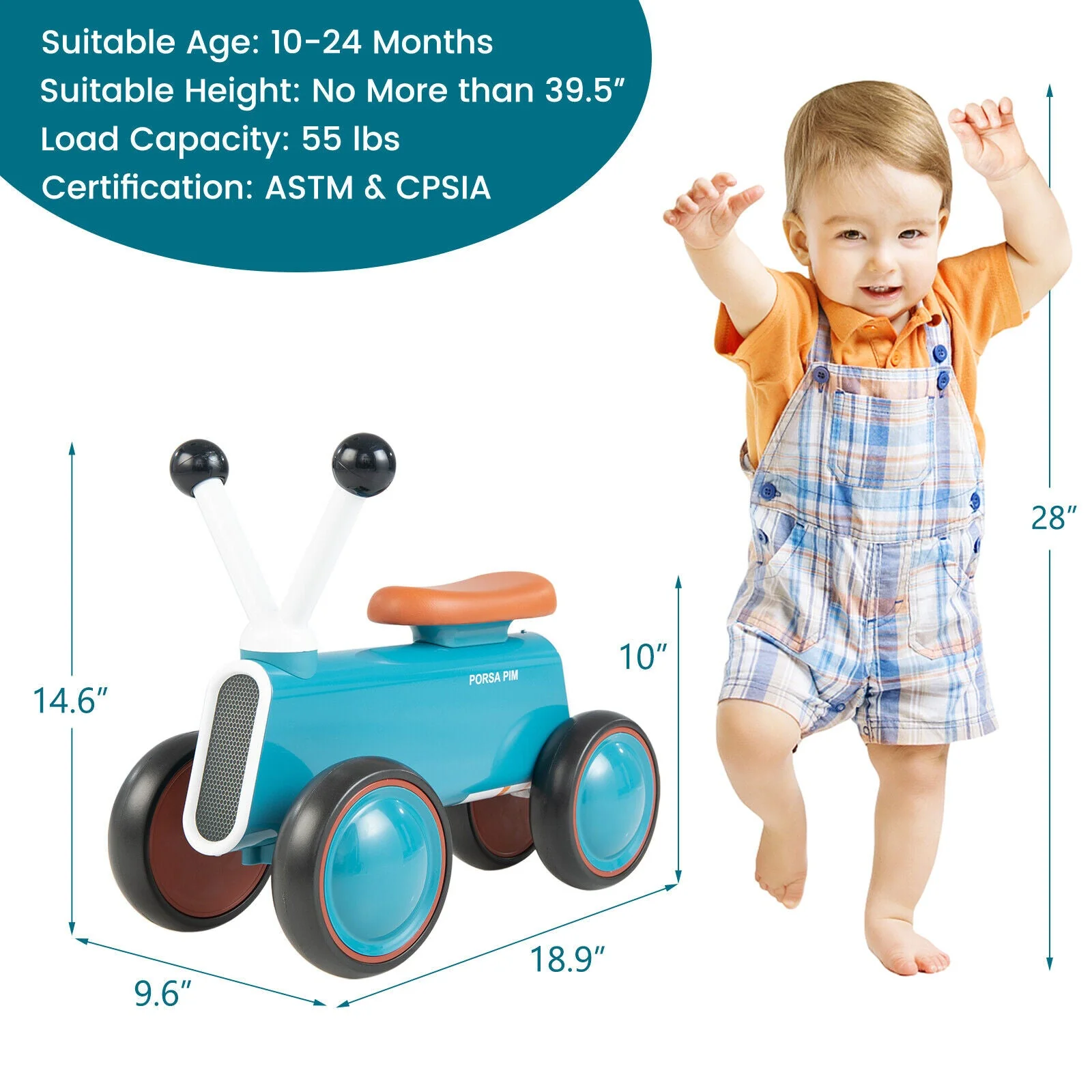 4 Wheels Baby Balance Bike without Pedal-Blue - Image 4