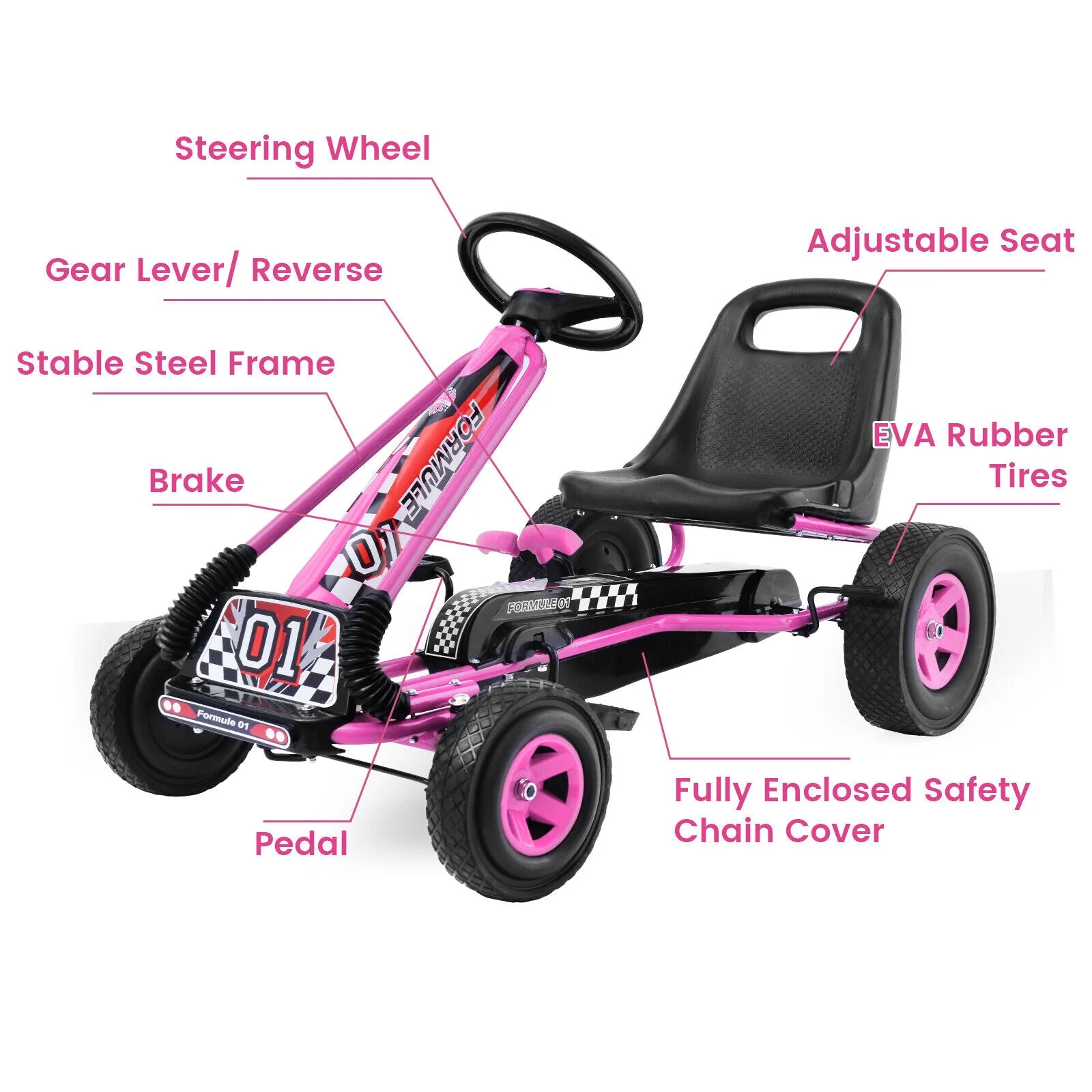 4 Wheels Kids Ride On Pedal Powered Bike Go Kart Racer Car Outdoor Play Toy-Pink - Image 5