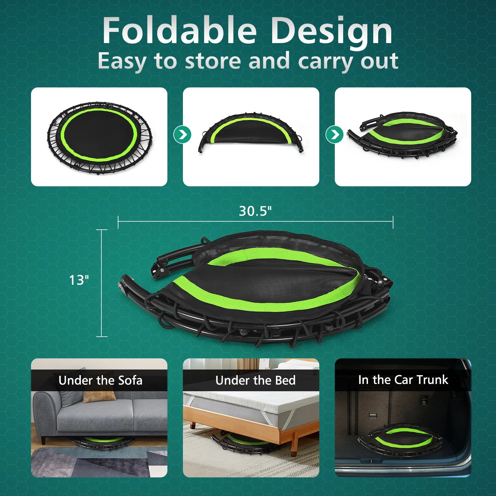 40 Inch Foldable Fitness Rebounder with Resistance Bands Adjustable Home-Green - Image 3