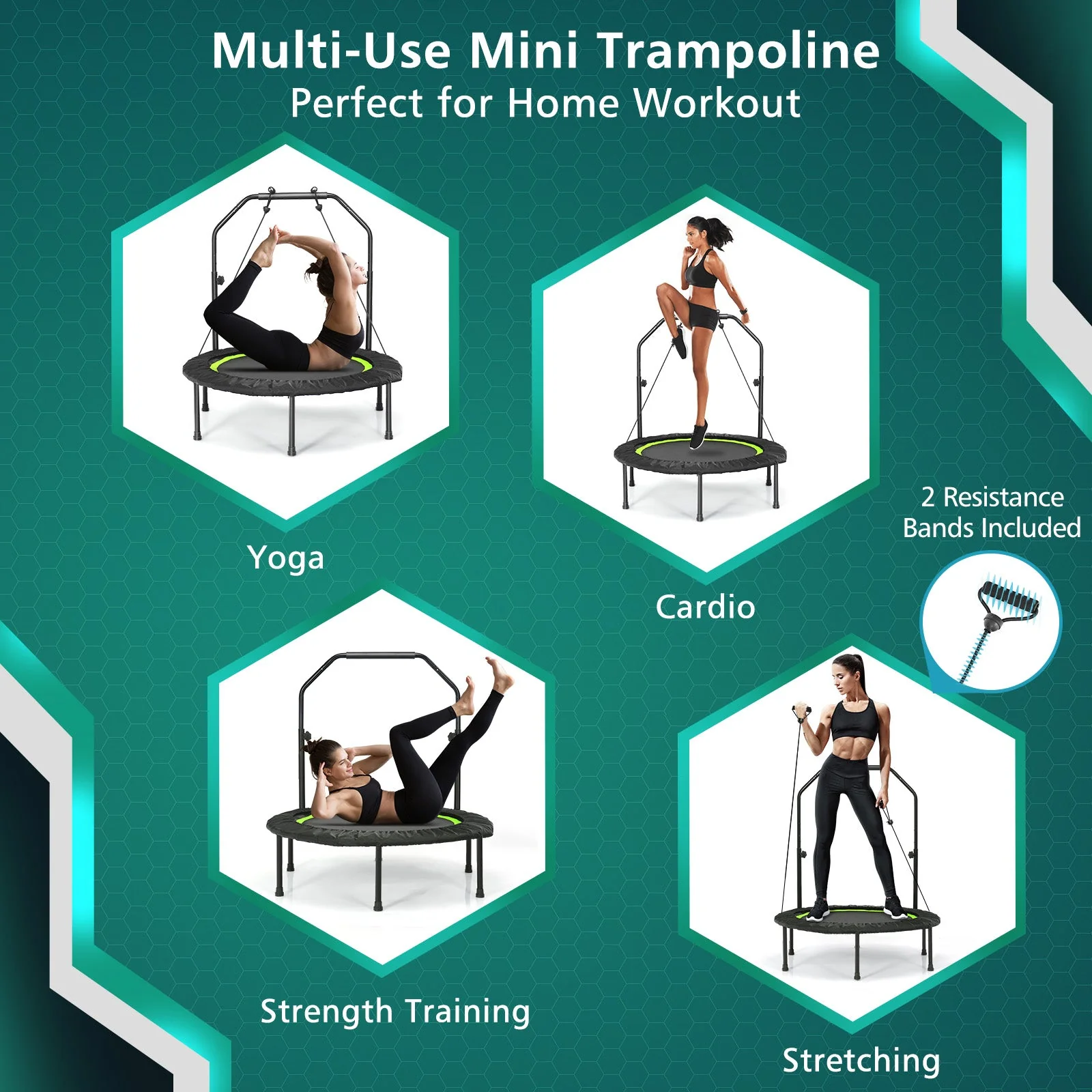 40 Inch Foldable Fitness Rebounder with Resistance Bands Adjustable Home-Green - Image 4