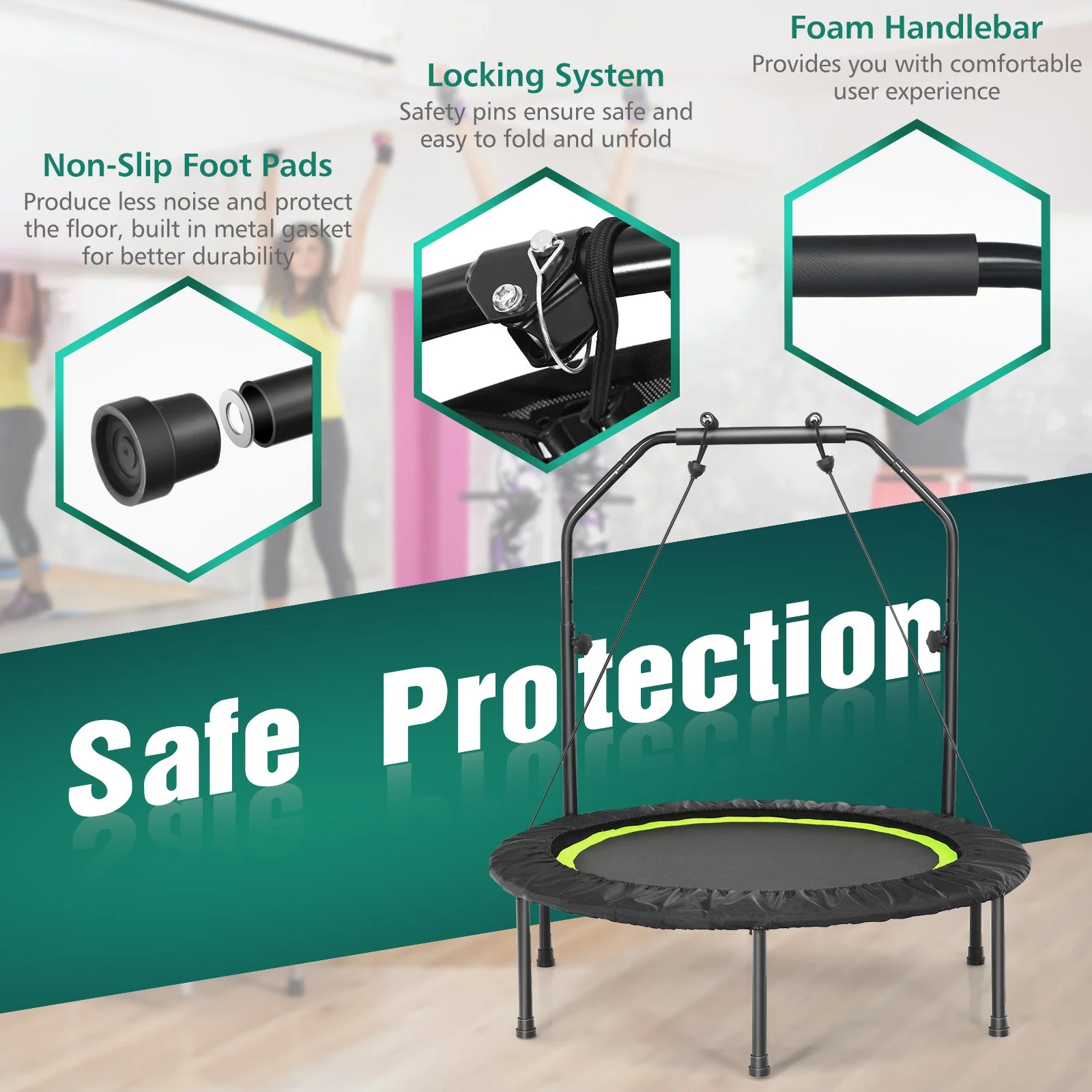 40 Inch Foldable Fitness Rebounder with Resistance Bands Adjustable Home-Green - Image 6