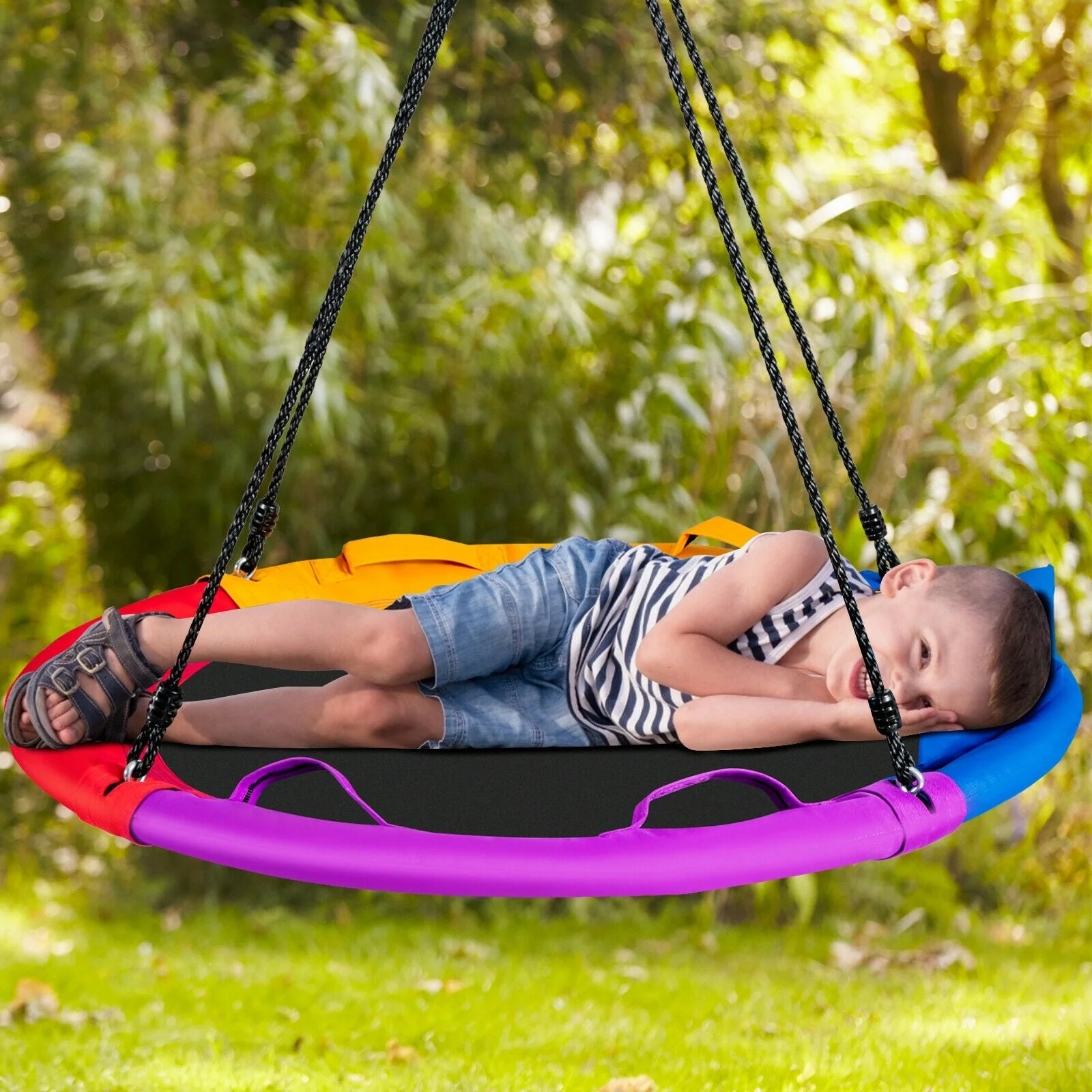 40 inch Saucer Tree Outdoor Round Platform Swing with Pillow and Handle-Multicolor - Image 2