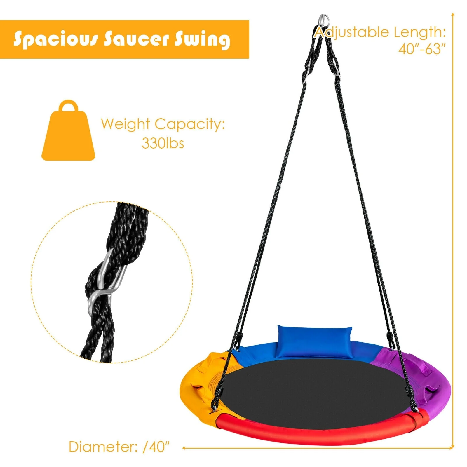40 inch Saucer Tree Outdoor Round Platform Swing with Pillow and Handle-Multicolor - Image 5