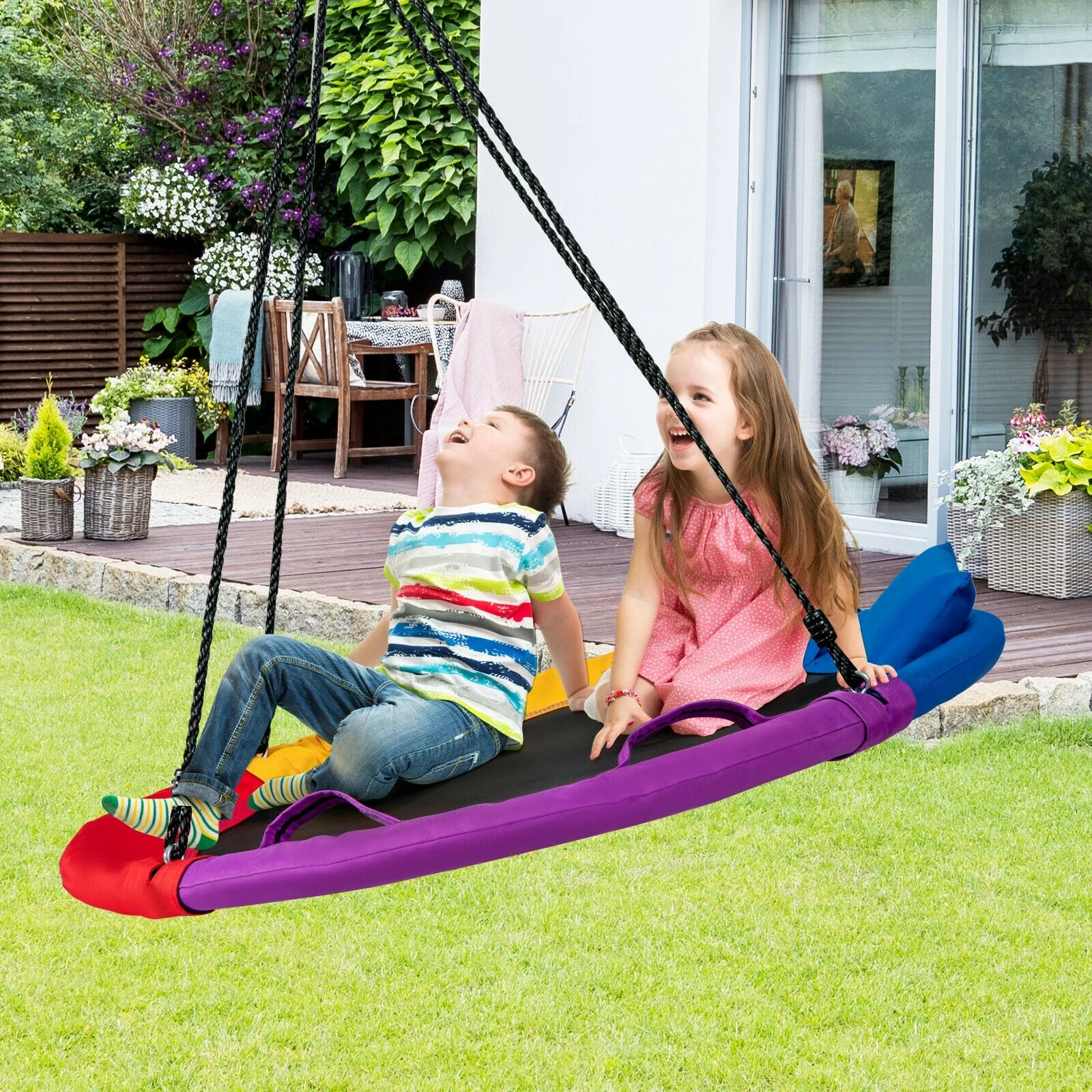 40 inch Saucer Tree Outdoor Round Platform Swing with Pillow and Handle-Multicolor - Image 6