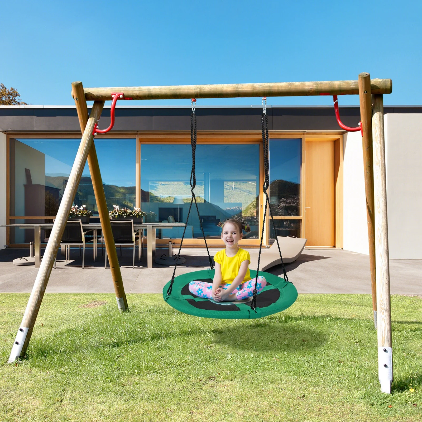 40 Inches Saucer Tree Swing Round with Adjustable Ropes and Carabiners-Green - Image 2
