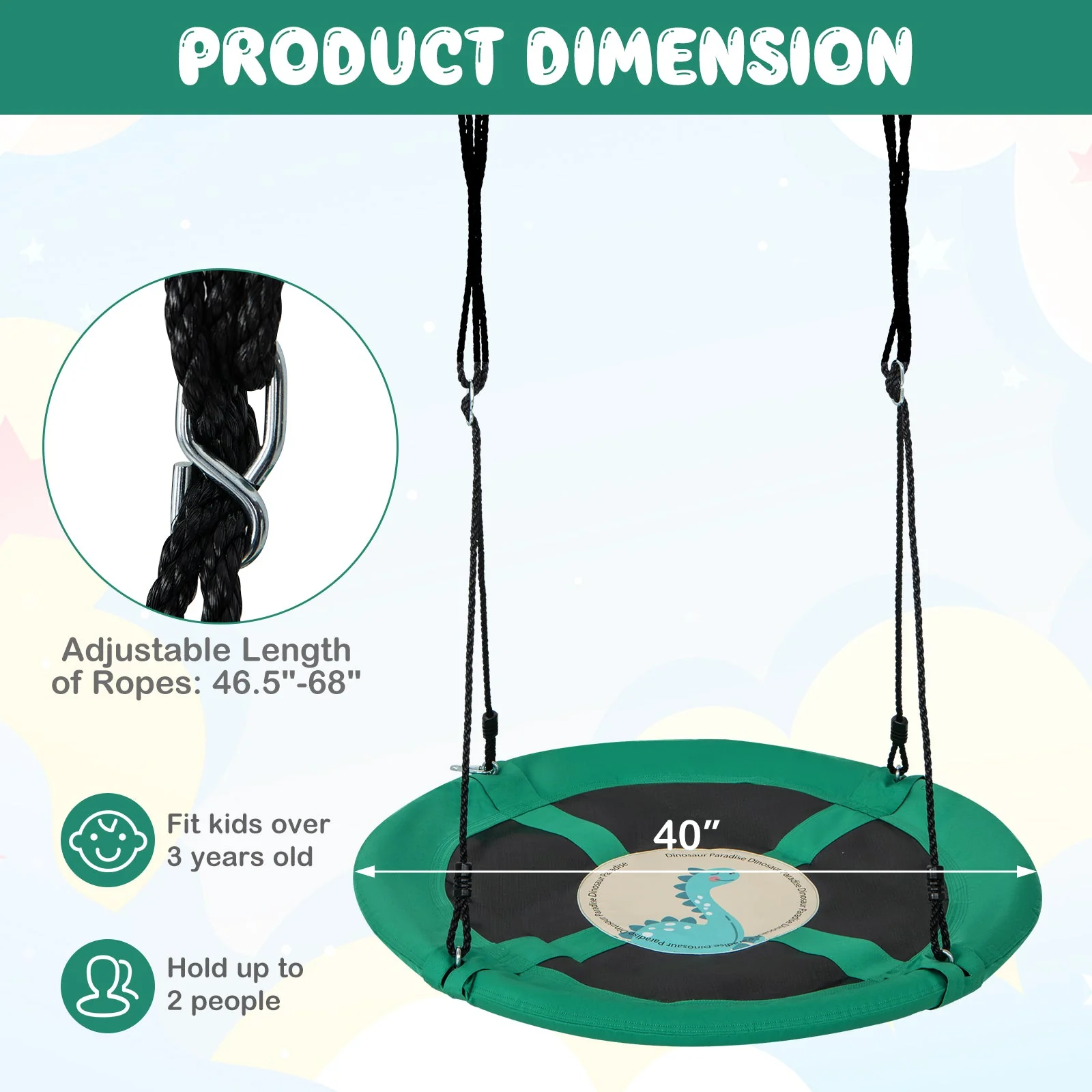 40 Inches Saucer Tree Swing Round with Adjustable Ropes and Carabiners-Green - Image 4