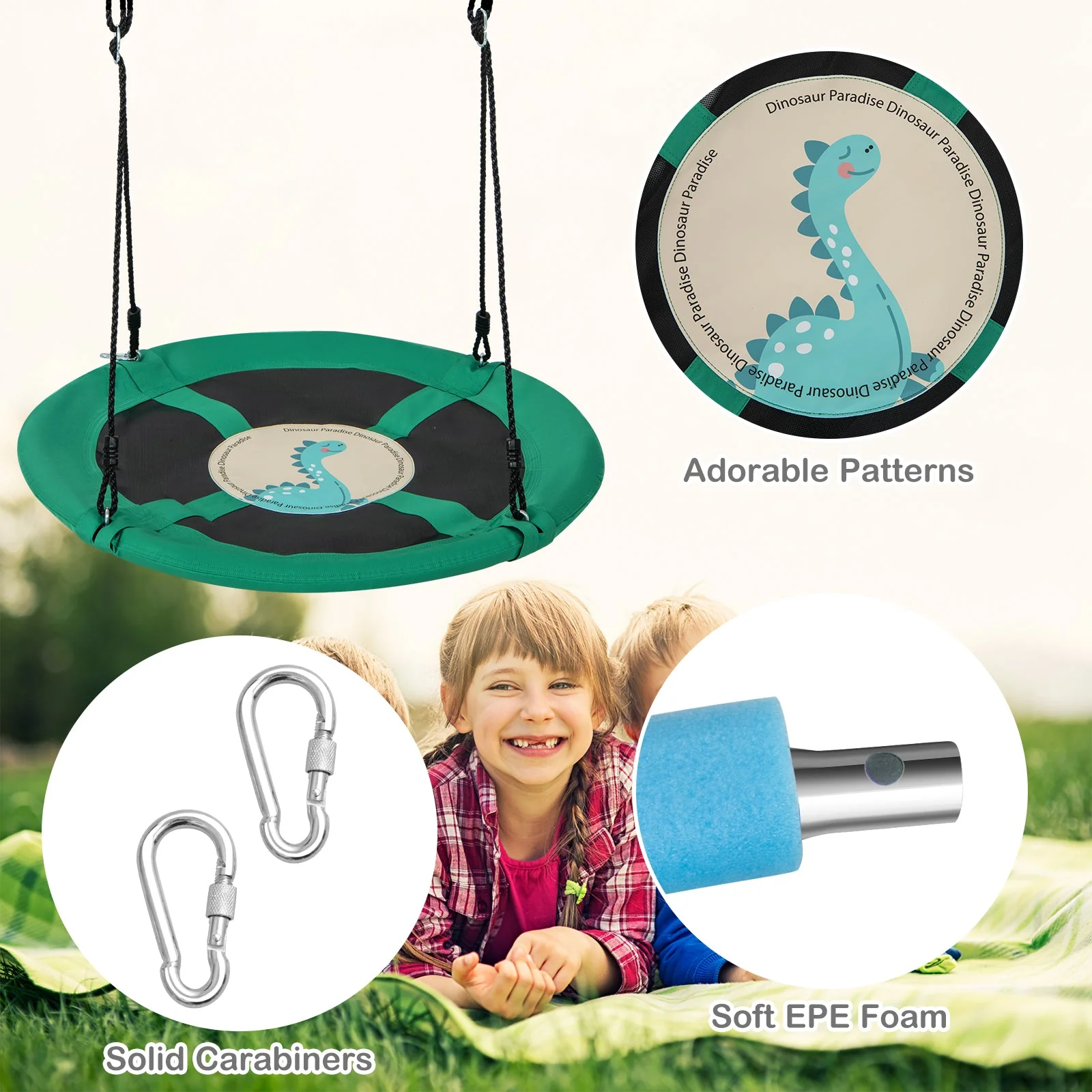 40 Inches Saucer Tree Swing Round with Adjustable Ropes and Carabiners-Green - Image 6