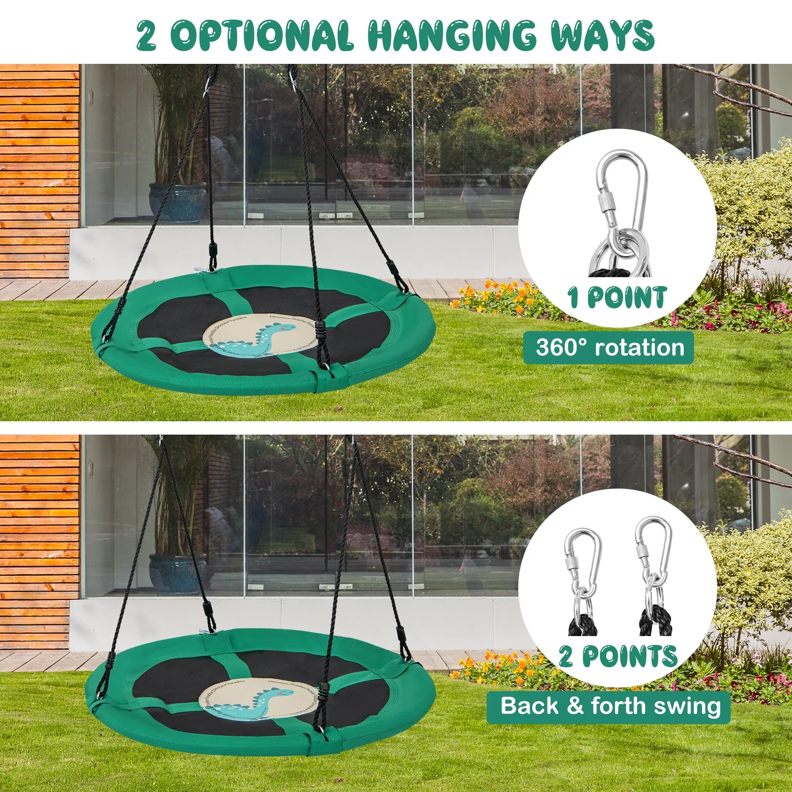40 Inches Saucer Tree Swing Round with Adjustable Ropes and Carabiners-Green - Image 8