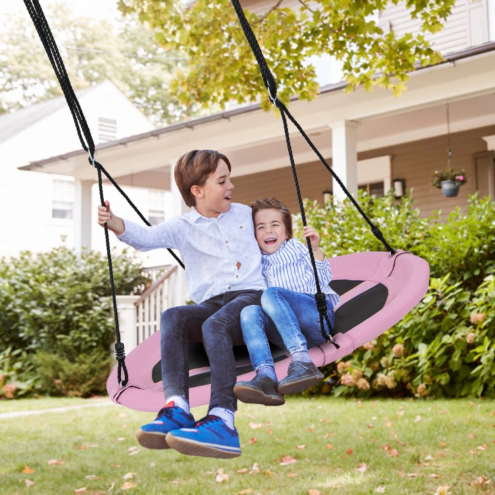 40 Inches Saucer Tree Swing Round with Adjustable Ropes and Carabiners-Pink - Image 2
