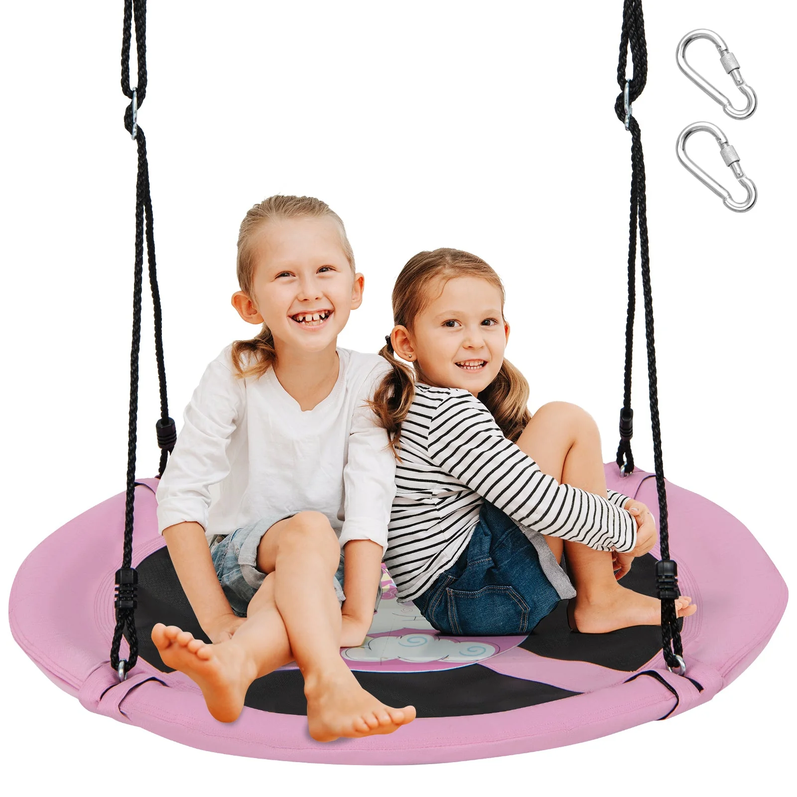 40 Inches Saucer Tree Swing Round with Adjustable Ropes and Carabiners-Pink - Image 3