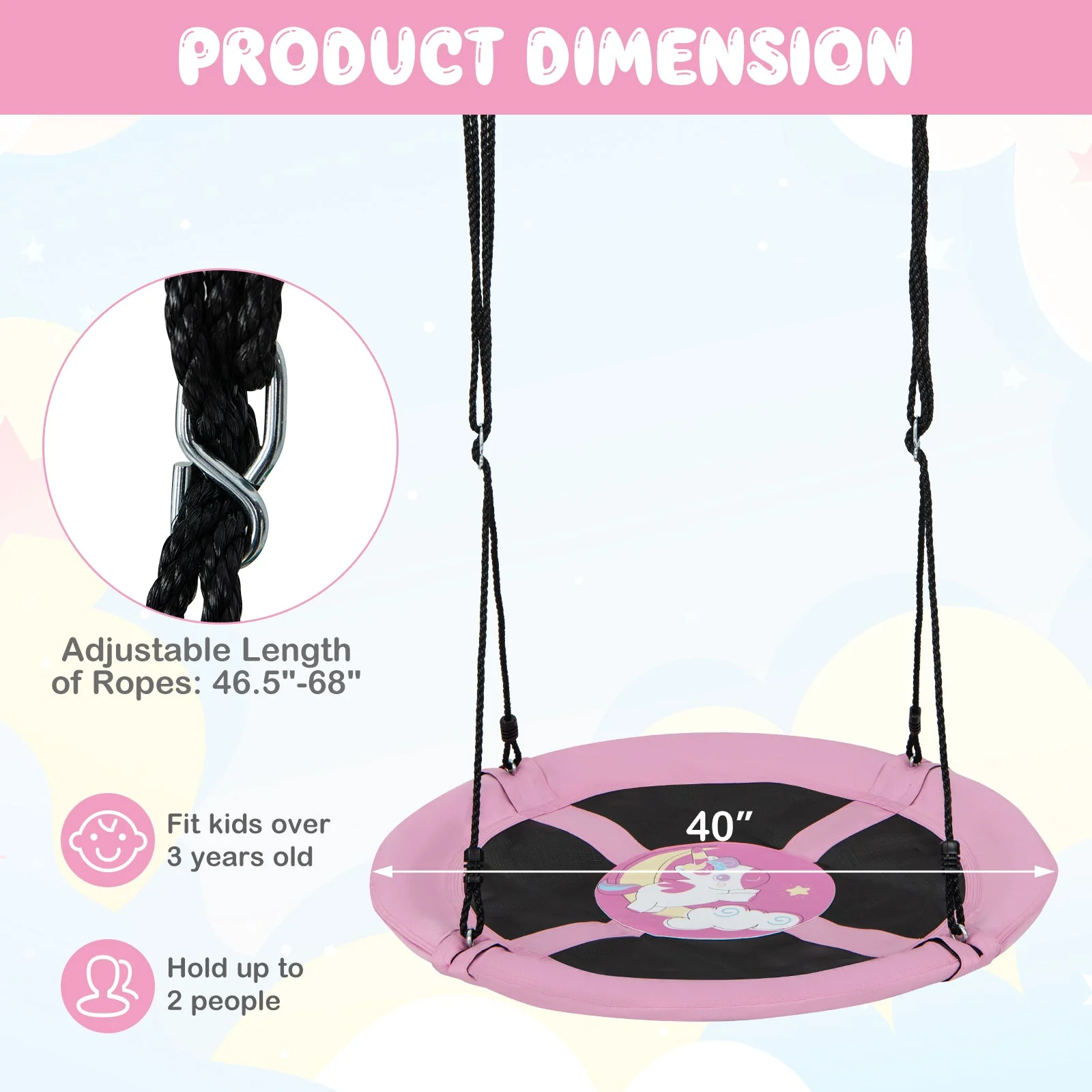 40 Inches Saucer Tree Swing Round with Adjustable Ropes and Carabiners-Pink - Image 4