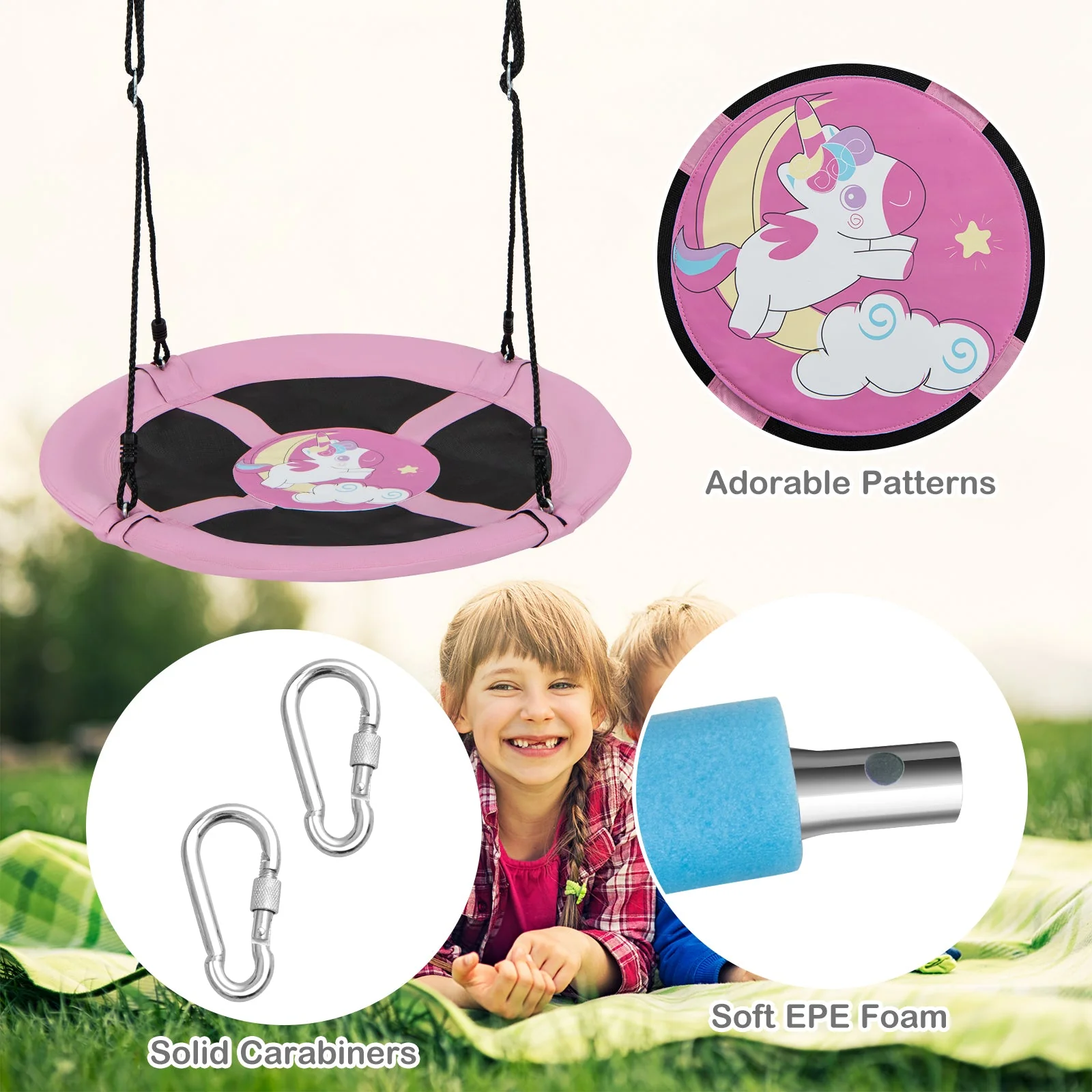 40 Inches Saucer Tree Swing Round with Adjustable Ropes and Carabiners-Pink - Image 6