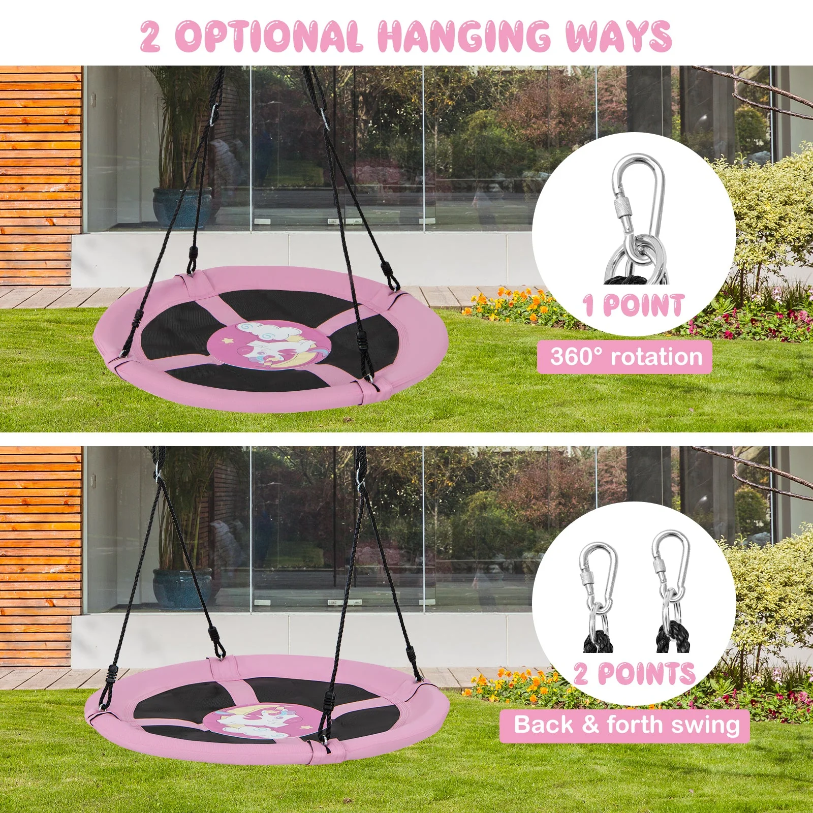 40 Inches Saucer Tree Swing Round with Adjustable Ropes and Carabiners-Pink - Image 7