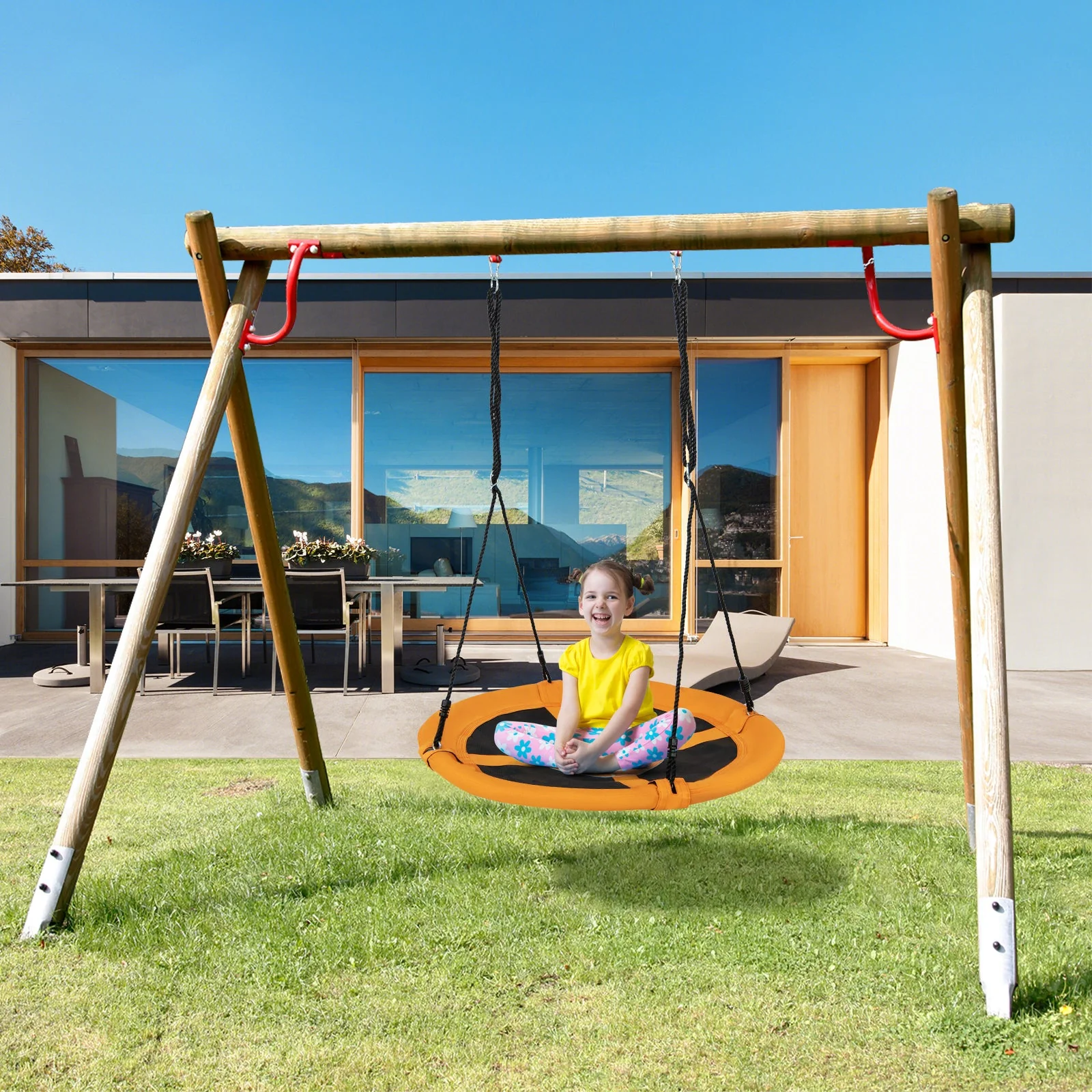 40 Inches Saucer Tree Swing Round with Adjustable Ropes and Carabiners-Yellow - Image 2