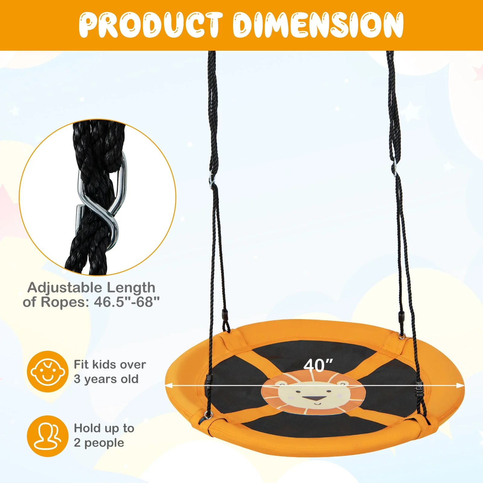 40 Inches Saucer Tree Swing Round with Adjustable Ropes and Carabiners-Yellow - Image 4