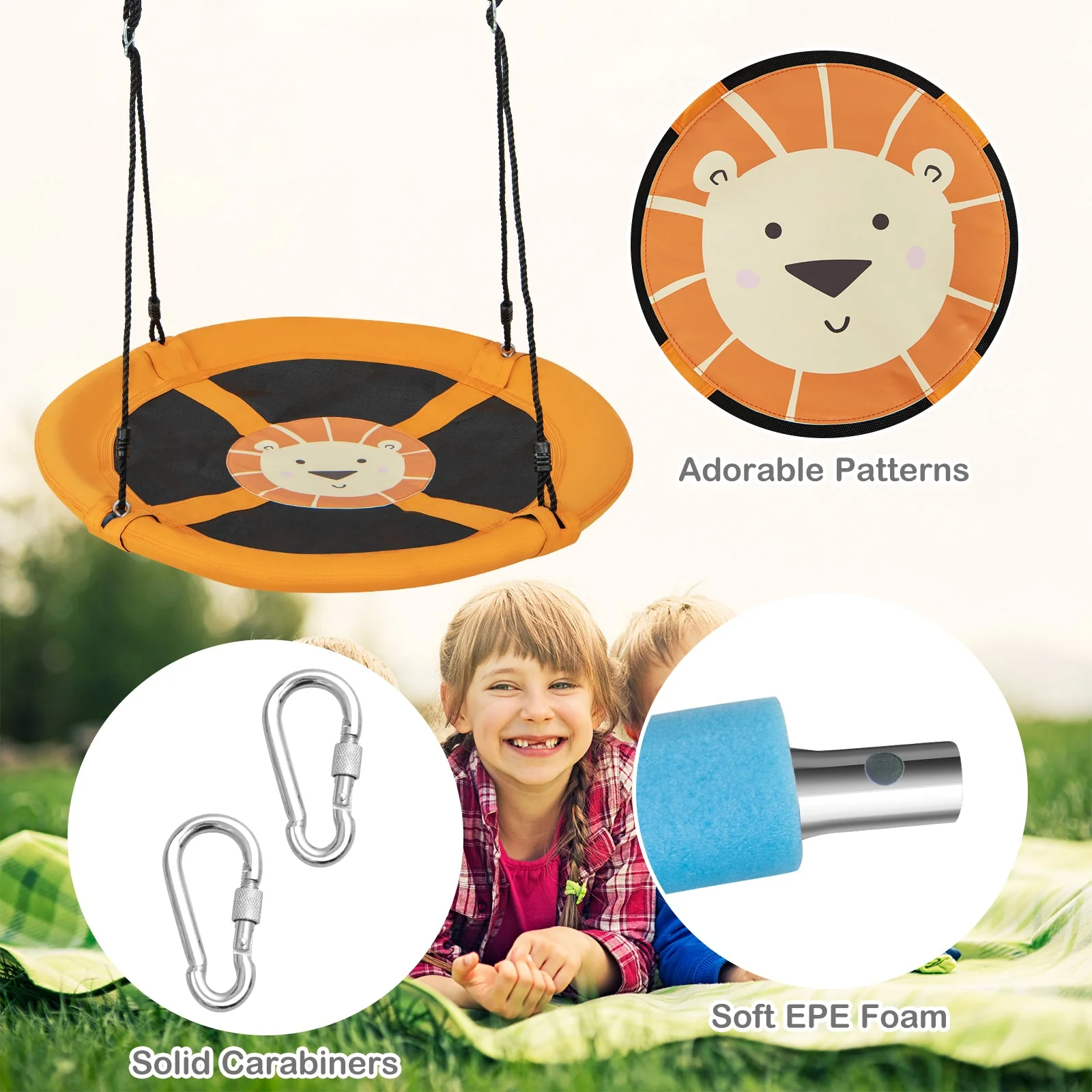 40 Inches Saucer Tree Swing Round with Adjustable Ropes and Carabiners-Yellow - Image 6