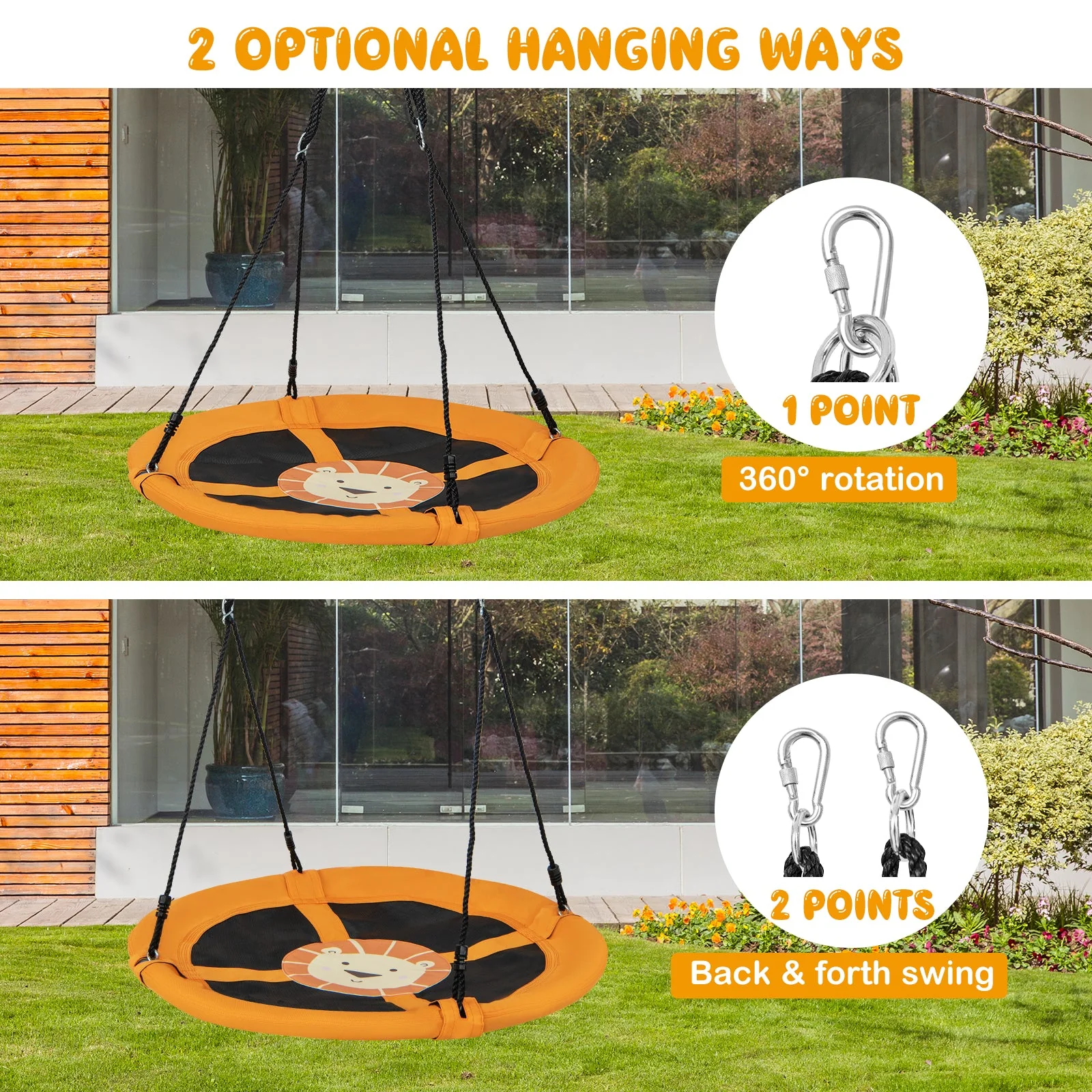 40 Inches Saucer Tree Swing Round with Adjustable Ropes and Carabiners-Yellow - Image 8