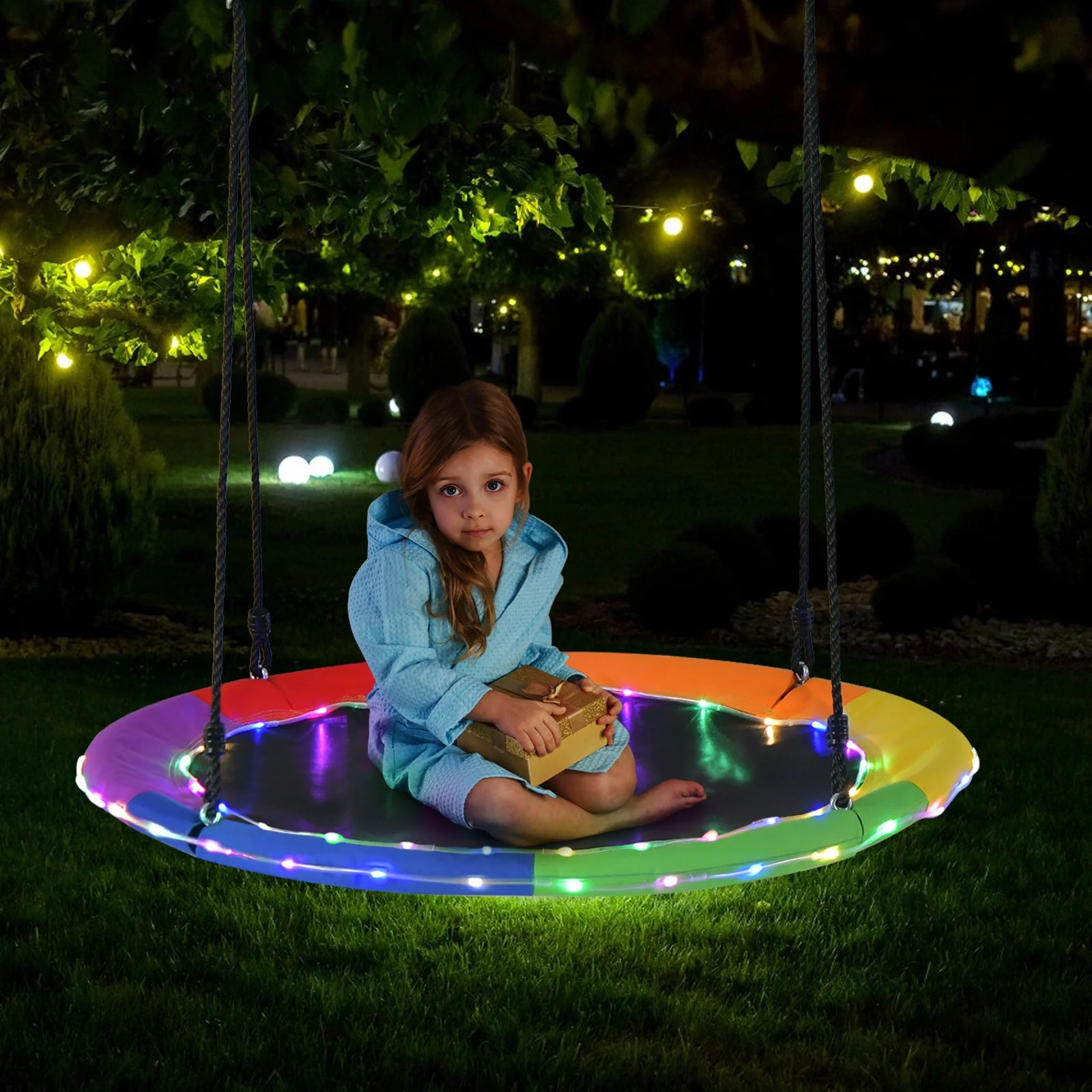 40 Inches Saucer Tree Swing Round with Lights for Kids and Adults-Multicolor - Image 2